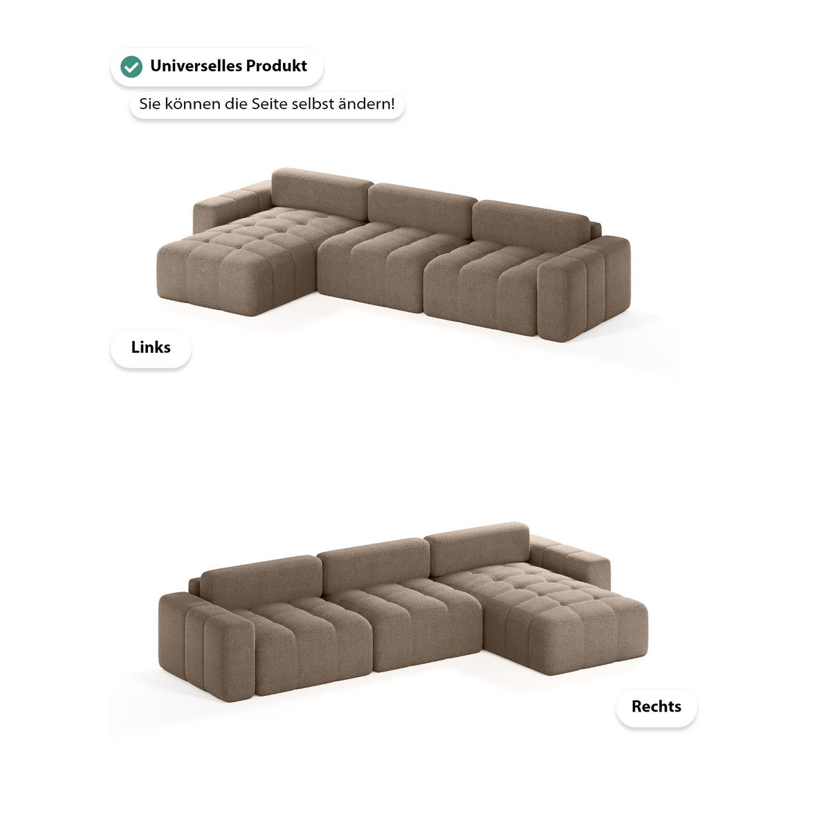ECKSOFA Bouclé-Stoff 8 Sitzer Bornum So, Braun - Braun, Textil (346/170cm) - Meblito