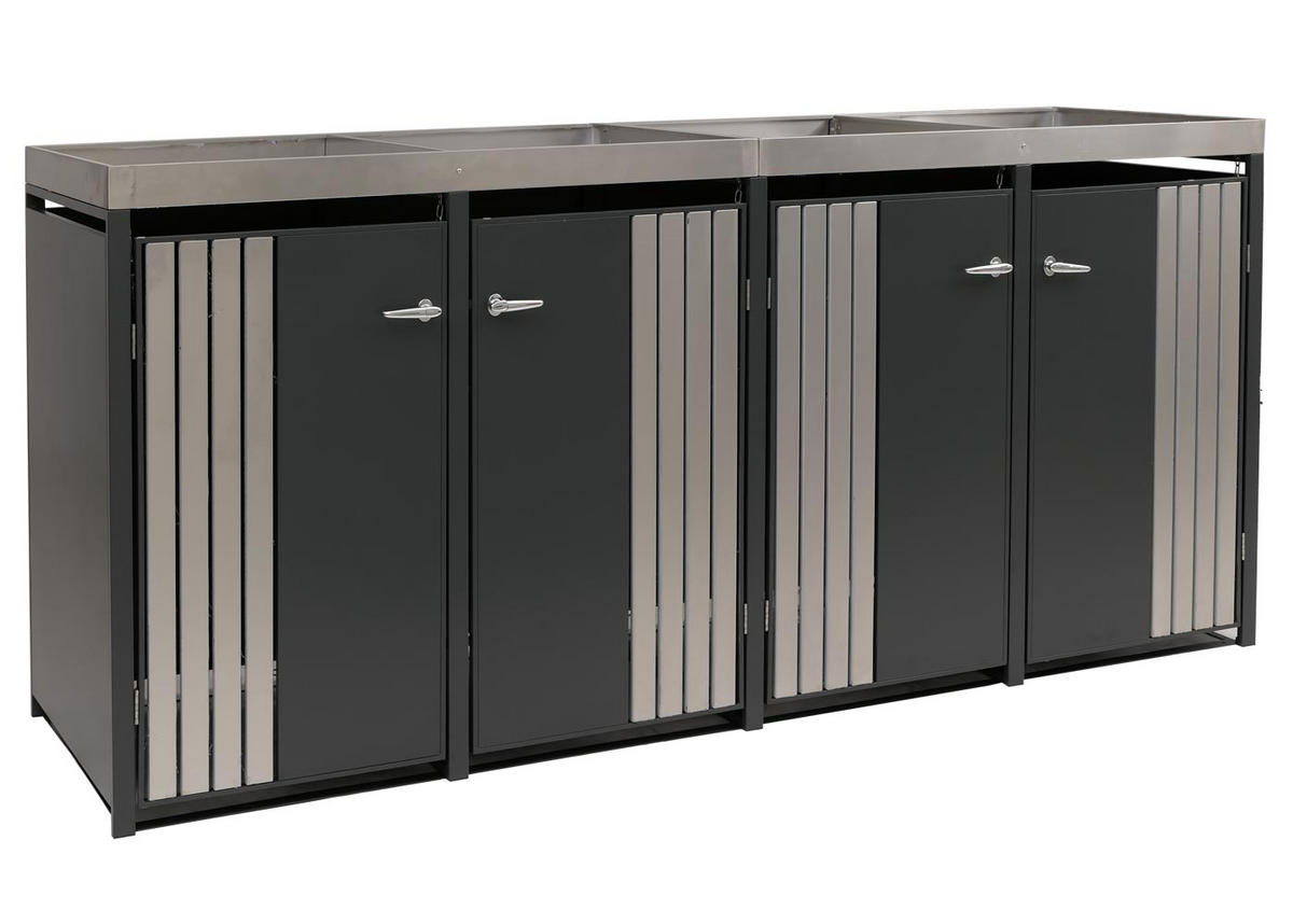 MÜLLTONNENBOX 4er mit Pflanzkasten HxBxT 125x260x84cm Anthrazit Edelstahl - Anthrazit, Metall (260/125/84cm) - PROREGAL