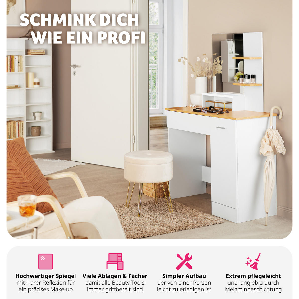 SCHMINKTISCH Zoe,90 x 40 x 137,5 cm,weiß/buche - Weiß/Honig, Holzwerkstoff (40/138.5/90cm) - tectake