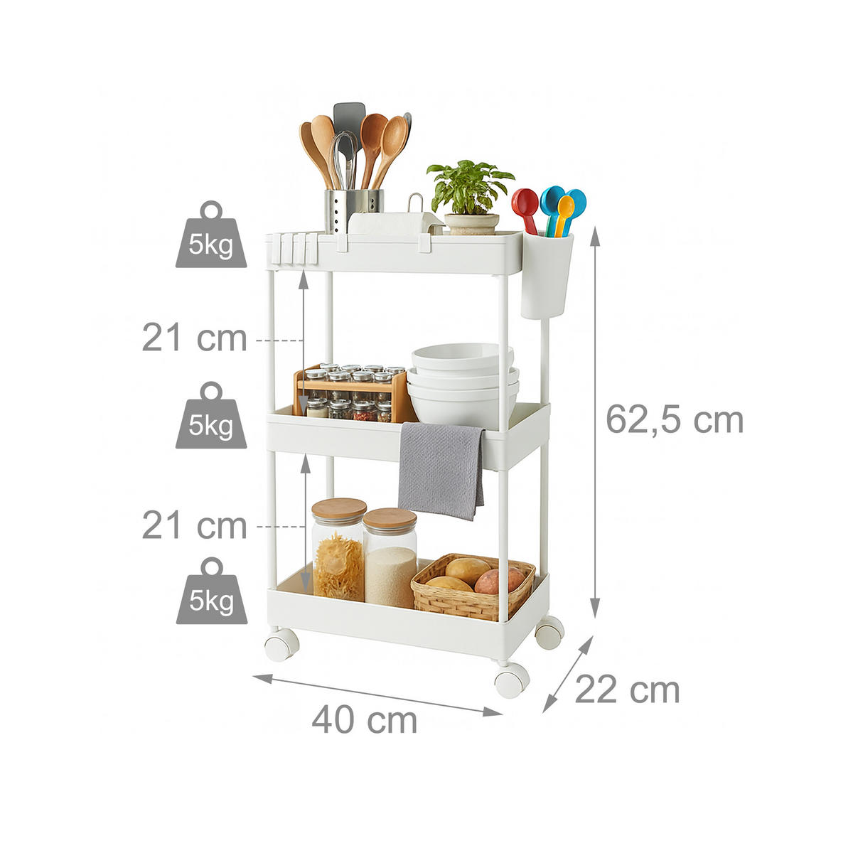 ROLLWAGEN - Weiß, Kunststoff/Metall (40/62.5/22cm) - Relaxdays