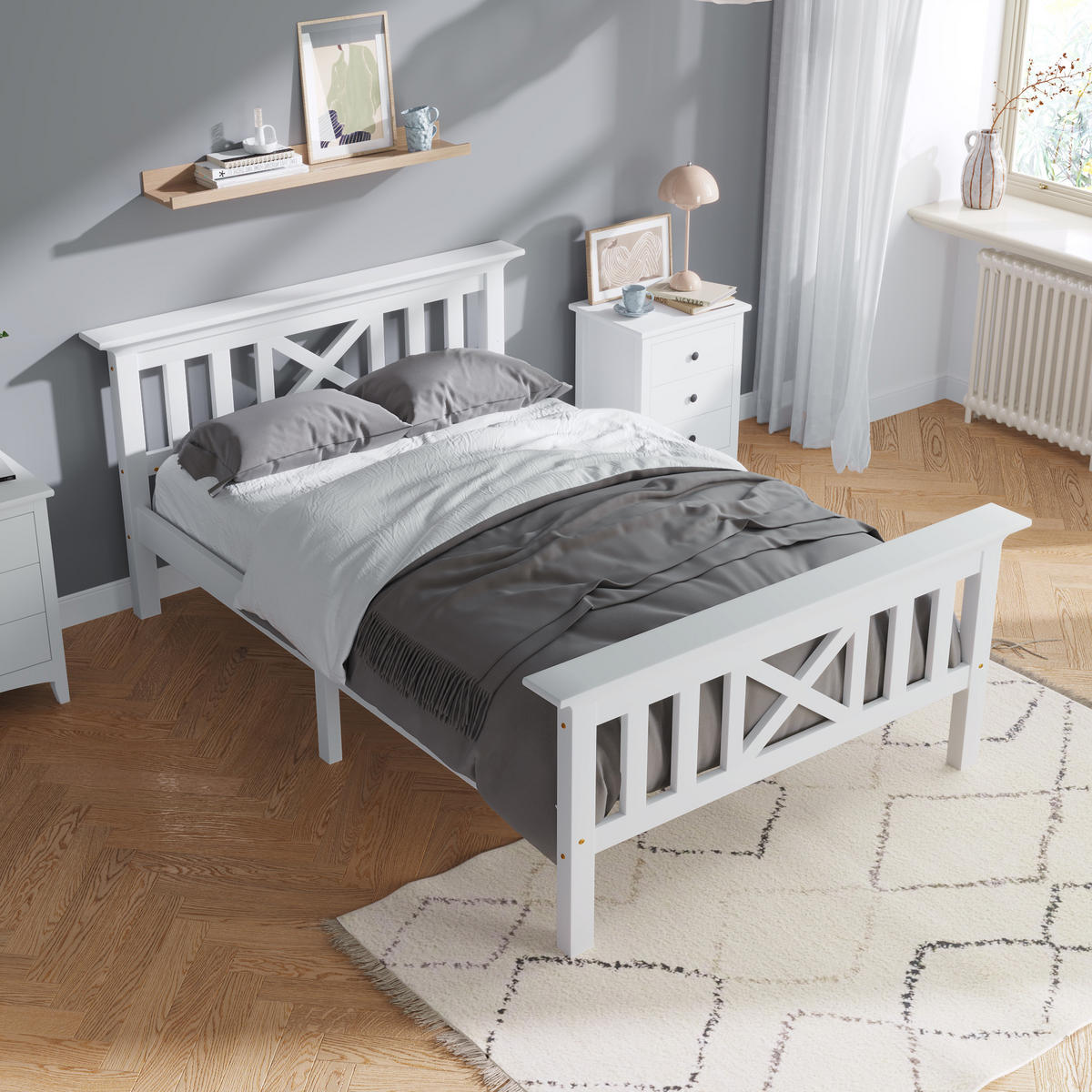 BETT 90/200 cm DE-03909, mit /-förmigem Kopfteil und Lattenrost, in Weiß - Weiß, Holz/Holzwerkstoff (90/200cm) - ComfortXL