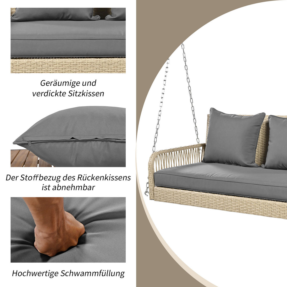 HOLLYWOODSCHAUKELL 2-Sitzer Beige Rattan Mit Waschbaren Kissen - Beige, Naturmaterialien (54/53/114cm) - FLIEKS