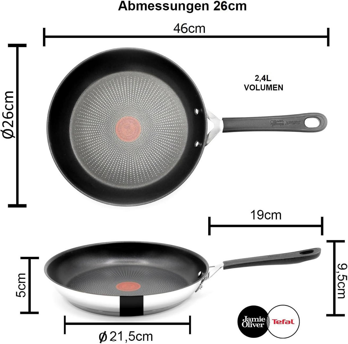 BRATPFANNE E30 26cm Edelstahl, Antihaftbeschichtung, Induktionsgeeignet, Thermo Signal, Ofenfest 175°C, Hitzebeständig 260°C, Genieteter Silikongriff - Silberfarben, Metall (26cm) - Tefal