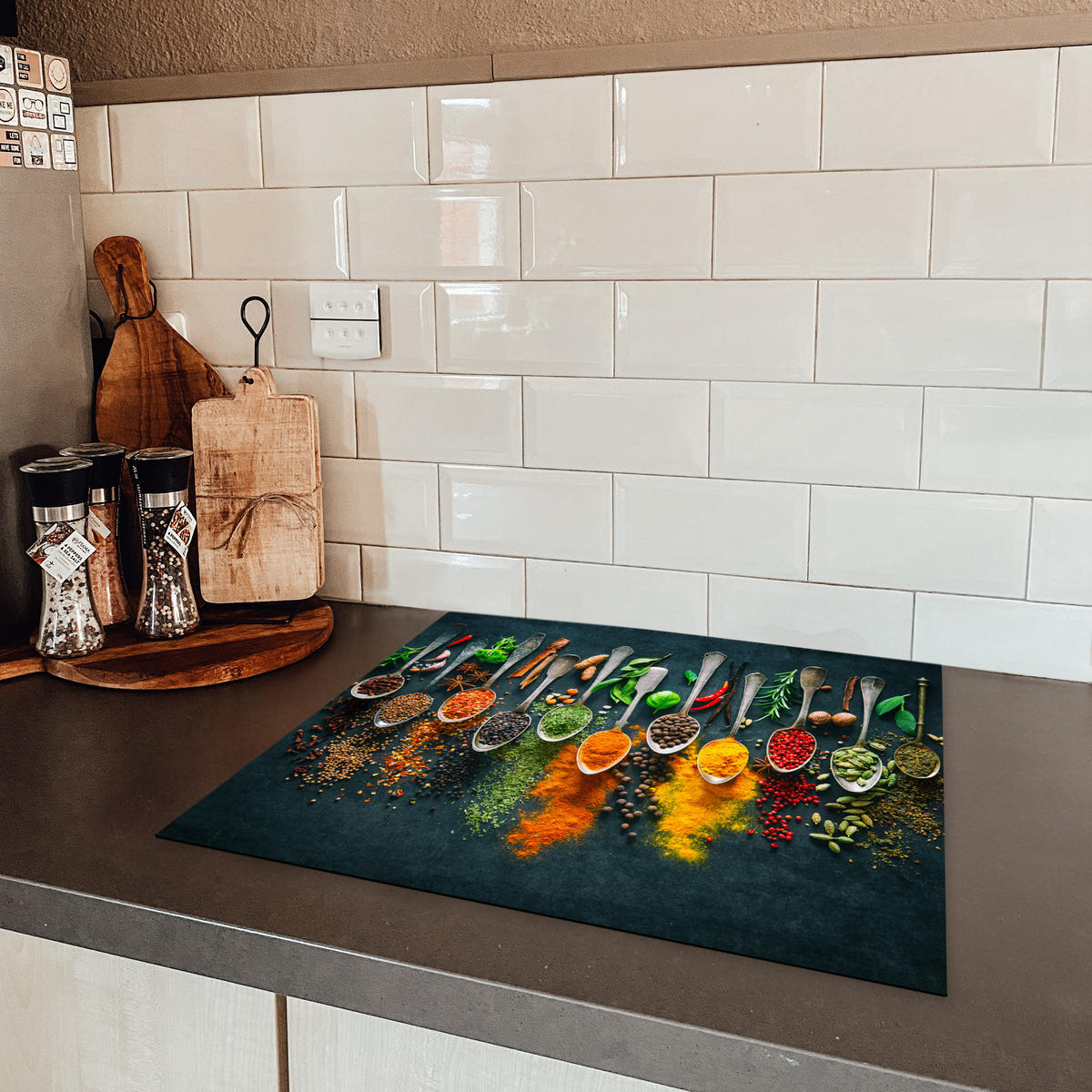 HERDABDECKPLATTE Kräuter - Gewürze - Löffel 59x52 cm - Multicolor, Kunststoff (59/52/0.2cm) - MuchoWow