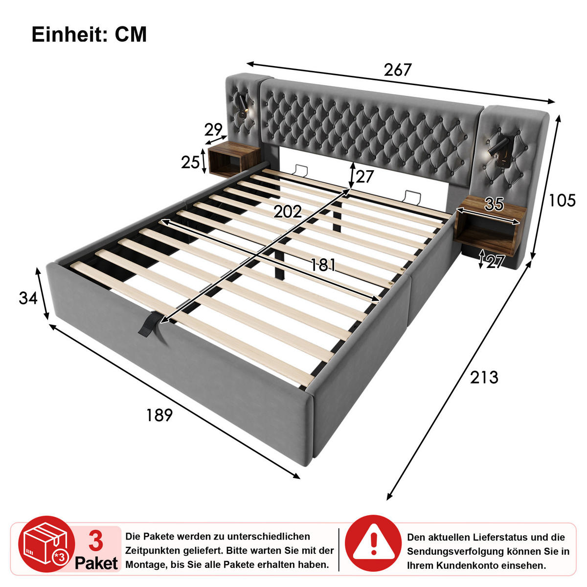 BETTANLAGE 180/200 cm in Grau mit Bettkasten, USB, Type-C und 2 Nachttischen Samt - Grau, Holzwerkstoff/Textil (180/200cm) - CHICFURN