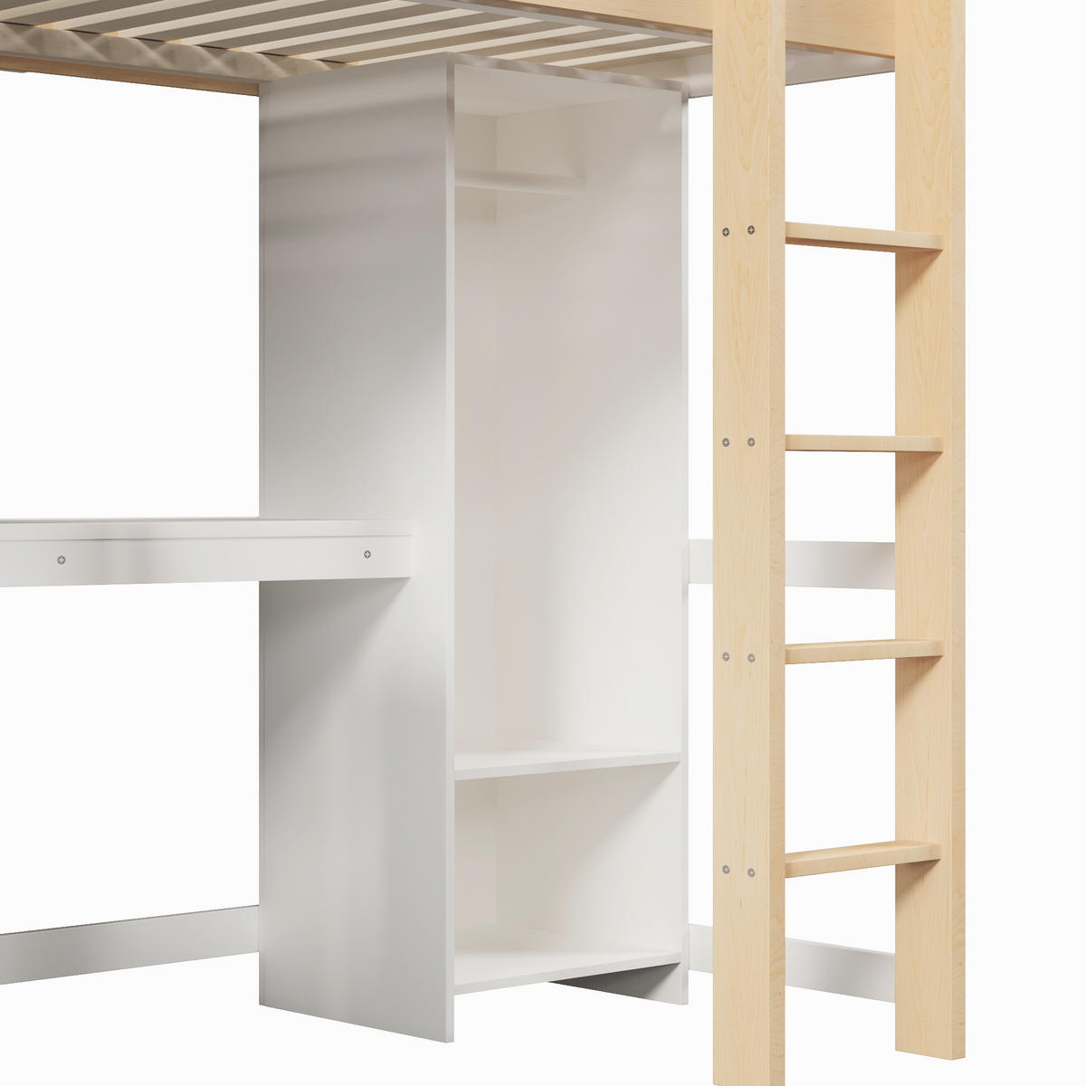 HOCHBETT 90/200 cm in Weiß/Natur mit Schreibtisch, Regalen und Kleiderschrank aus Kiefer - Naturfarben, Holz/Holzwerkstoff (90/200cm) - CHICFURN