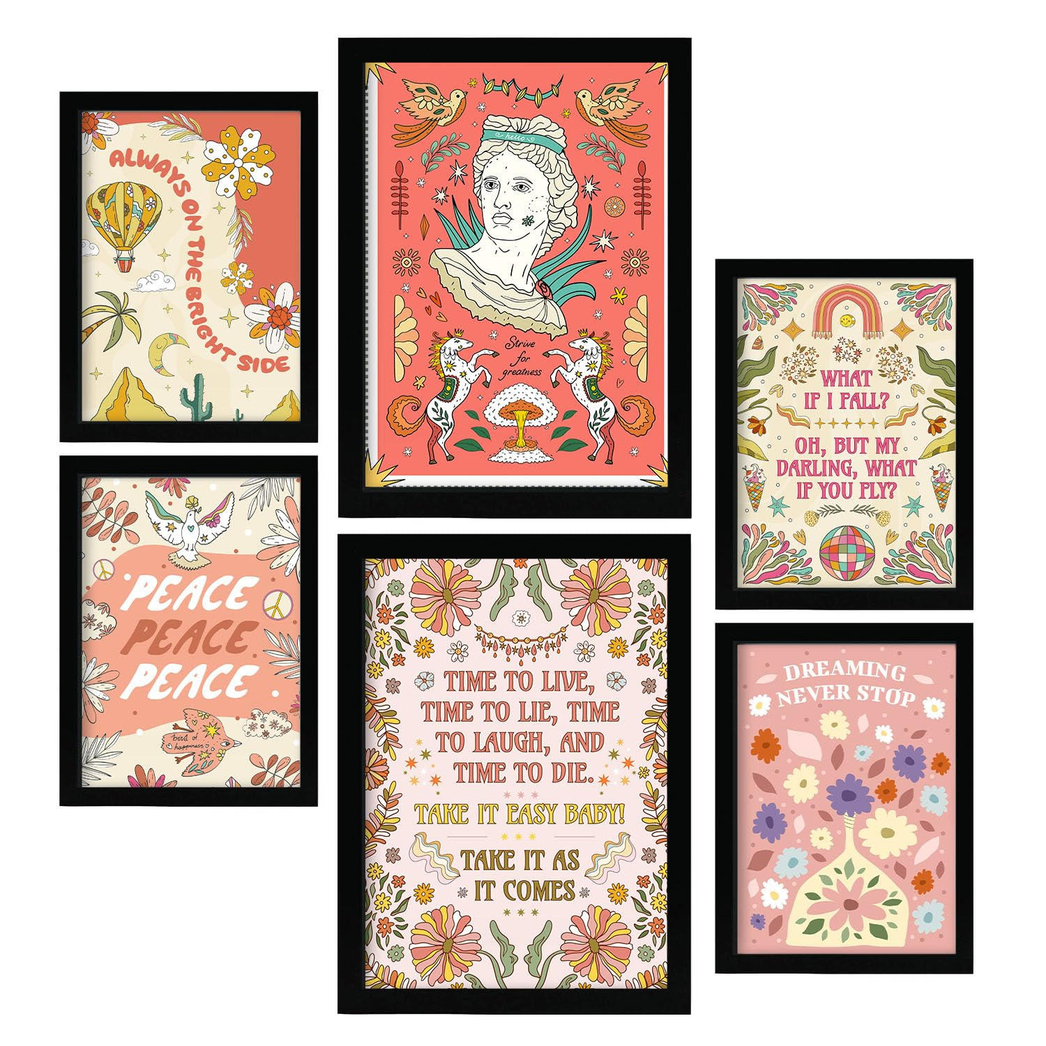 POSTER Set Mit 6 Drucken Von Pink In Brilliant Groovy Style Postersammlung Dekorative Rahmen Für Ihr Zuhause Wandkunstdruck A3 & A4 Schwarzer Rahmen - Schwarz, Papier (29/3cm) - Nacnic