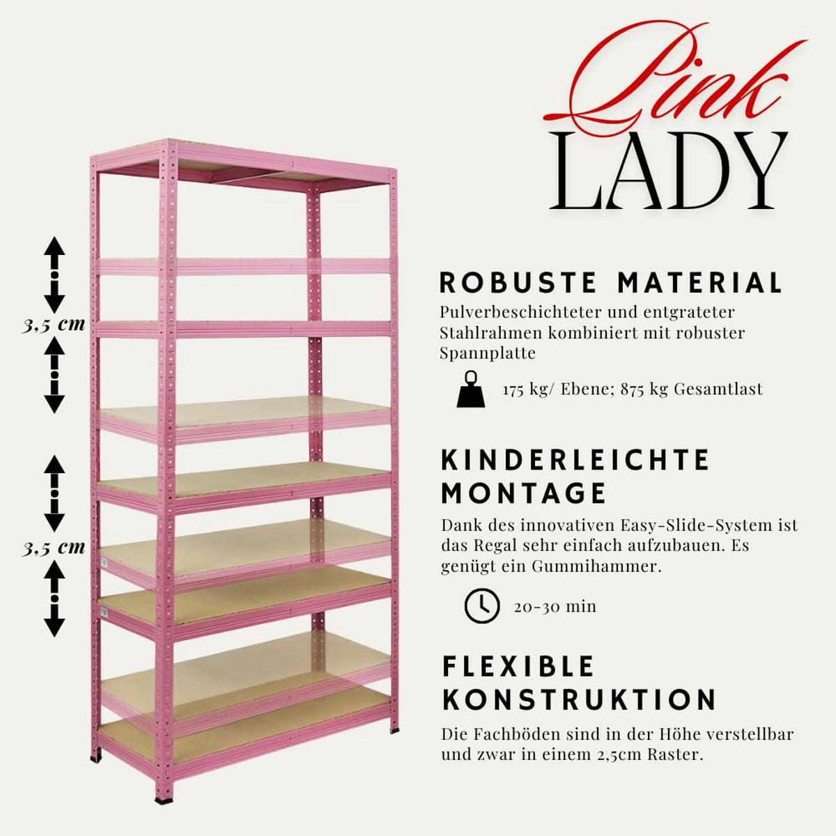 WOHNREGAL Pink Lady 180x90x40cm Fachlast 175 kg 5 Ebenen Pink - Pink, Metall (90/180/40cm) - PROREGAL