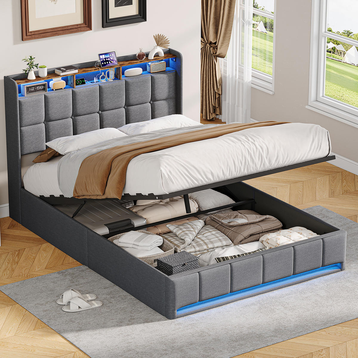 POLSTERBETT 140x190 cm LED USB C Hydraulik Stauraum Metall grau - Grau, Holz (140/190cm) - LEBENLANG