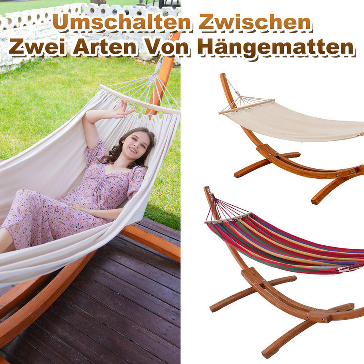 DOPPELHÄNGEMATTE mit Gestell – 200 × 150 cm - Beige, Holz (120/120/118cm) - Auledio