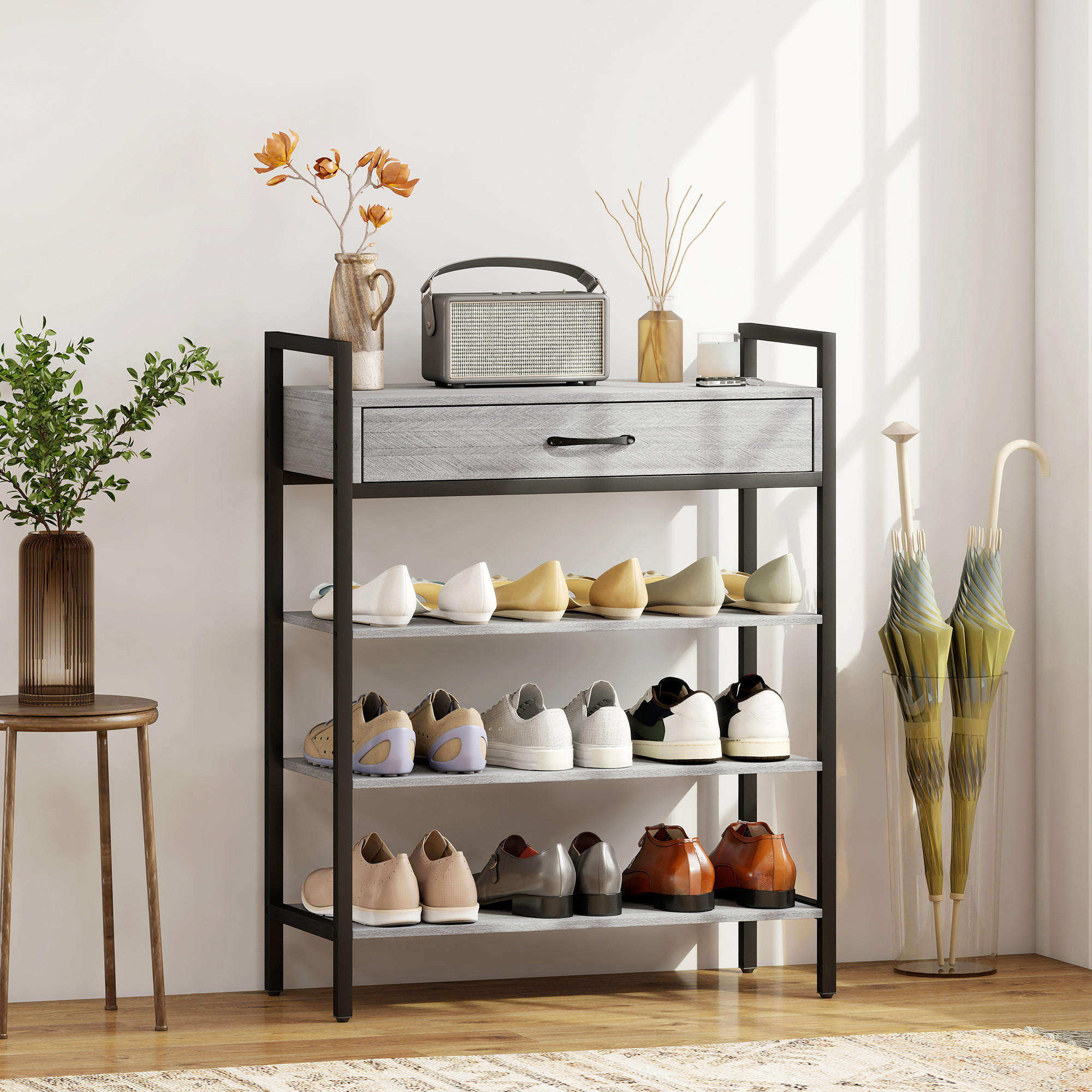 SCHUHREGAL 4 Ebenen Schuhständer Metall mit Schublade für 9 Paar Schuhe Grau - Schwarz/Grau, Holzwerkstoff/Metall (30/87.6/70cm) - HOMCOM