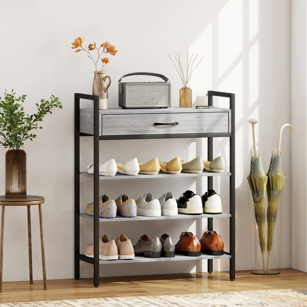 SCHUHREGAL 4 Ebenen Schuhständer Metall mit Schublade für 9 Paar Schuhe Grau - Schwarz/Grau, Holzwerkstoff/Metall (30/87.6/70cm) - HOMCOM