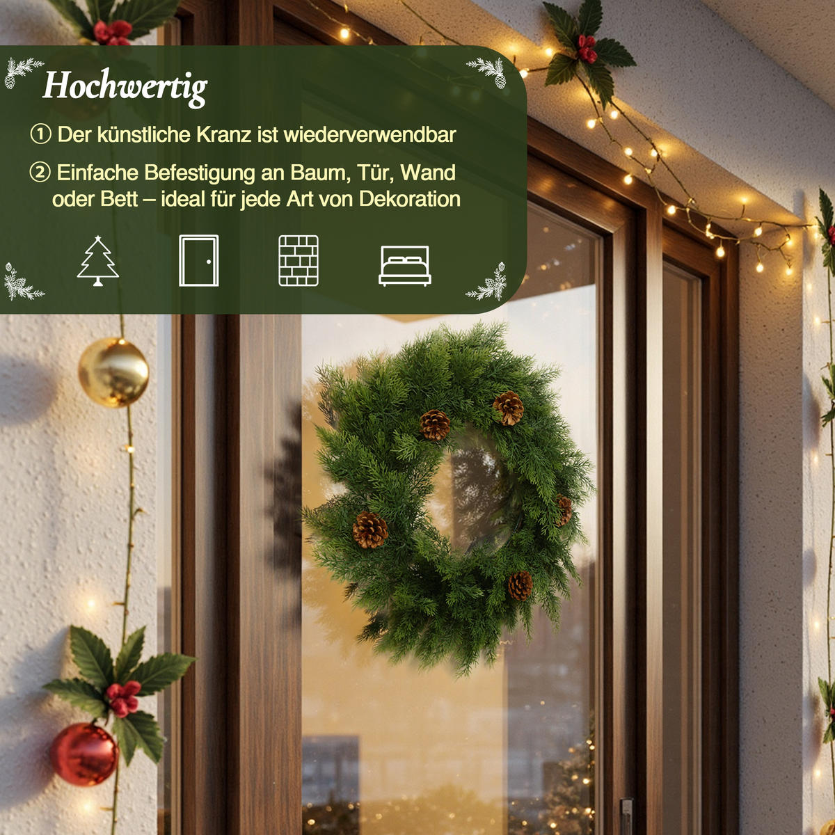 WEIHNACHTSKRANZ HTHD0296 - Grün, Kunststoff (52cm) - Hometopia