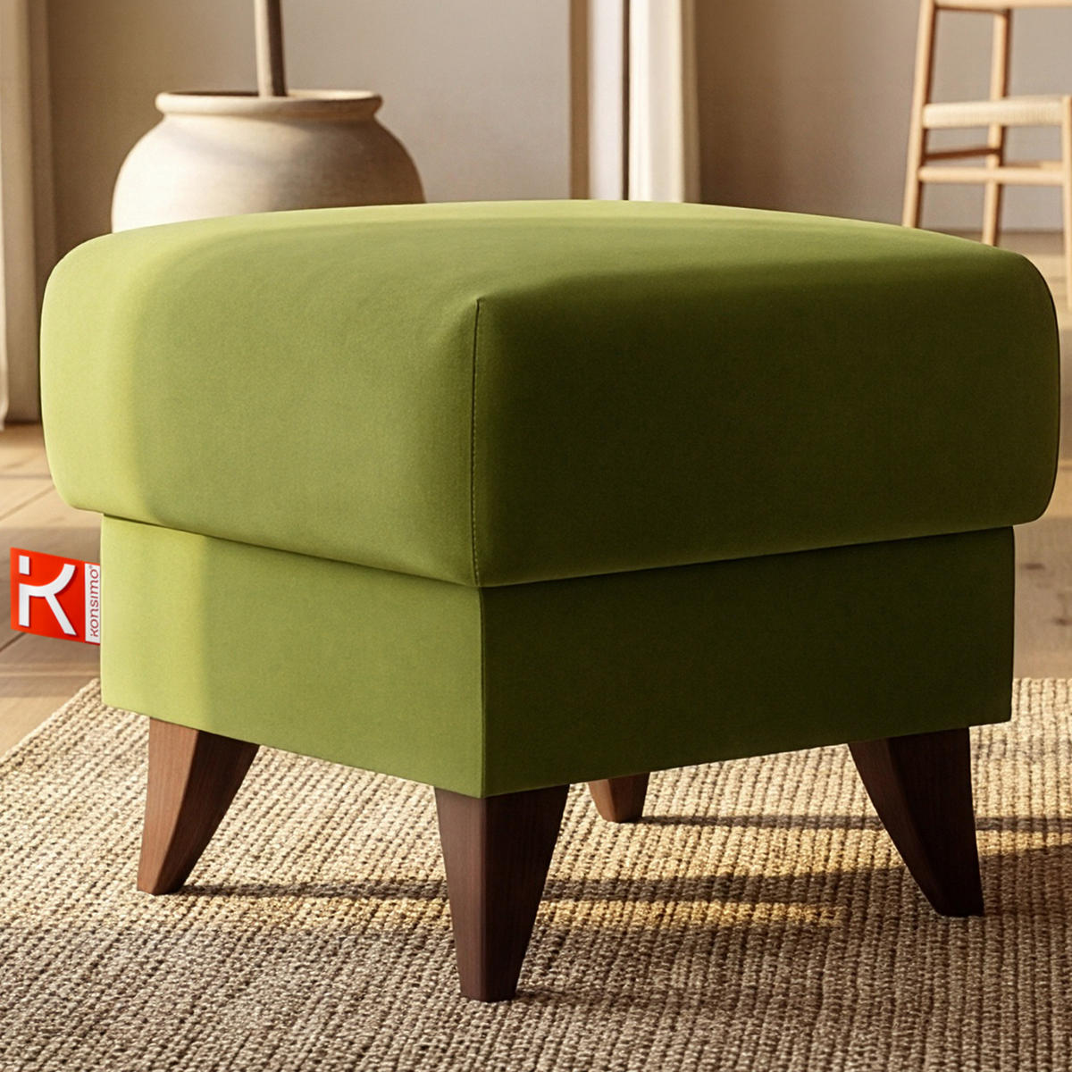 HOCKER GUSTAVO Fußstütze, Velours, Olivgrün - Olivgrün, Holz/Holzwerkstoff (53/49/53cm) - KONSIMO®