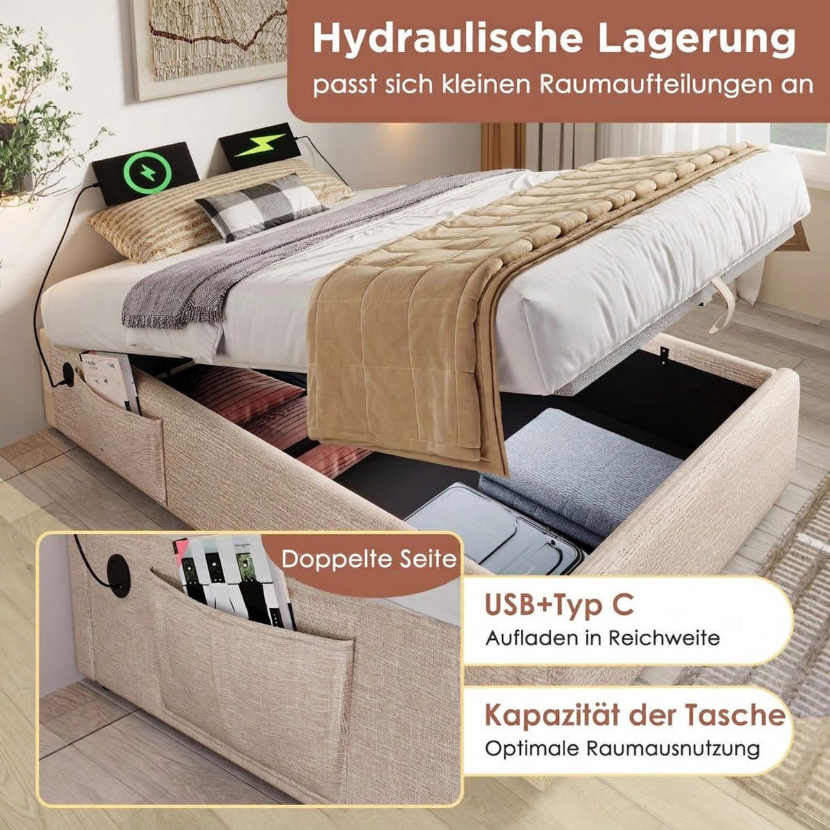POLSTERBETT 90/200 cm Natürlich mit USB- C, Ohne Kopfteil - Naturfarben, Textil (90/200cm) - Oxeza