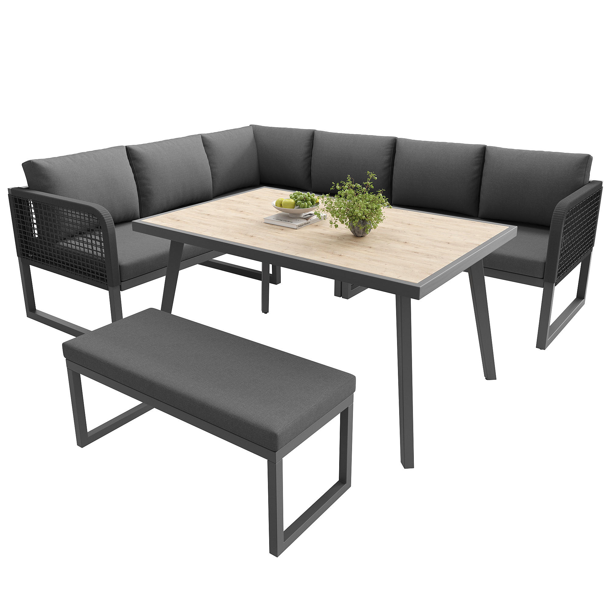 LOUNGESET 6-8 Personen PE-Rattan Grau Mit Hochwertigen Kissen - Grau, Metall - FLIEKS