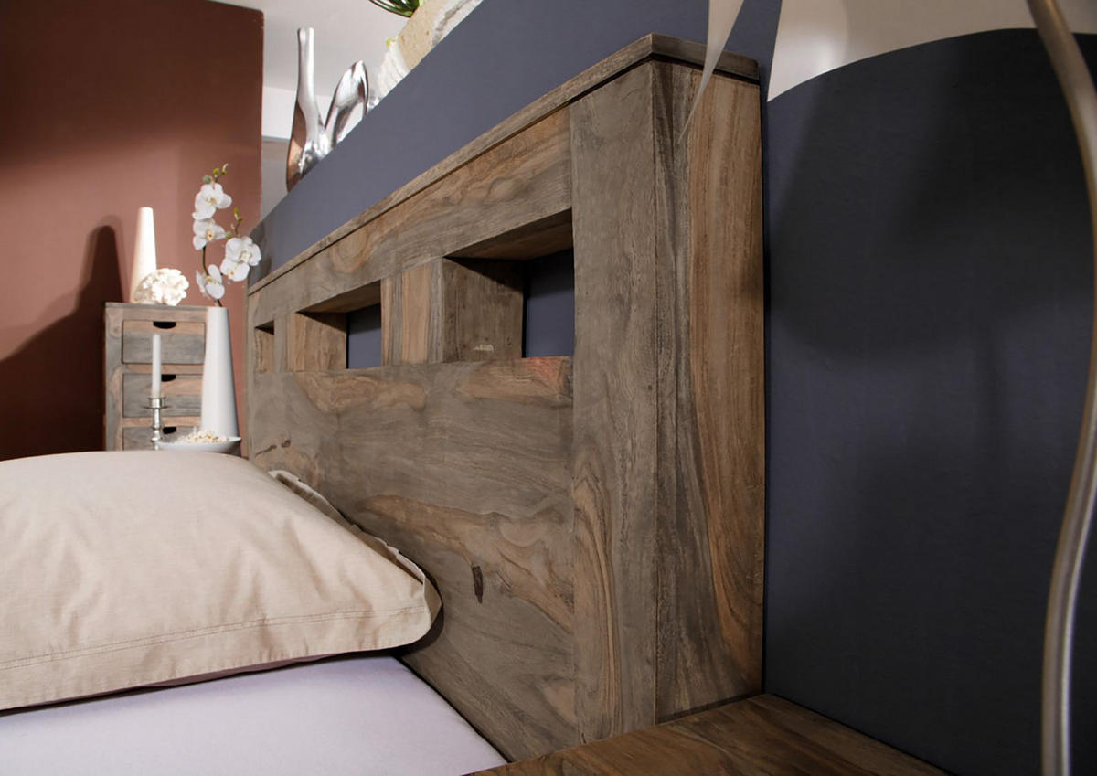BETT Massivholz Sheesham 140 x 200 x 90 grau NATURE GREY #203 - Grau, Holz (140/200cm) - Massivmoebel24