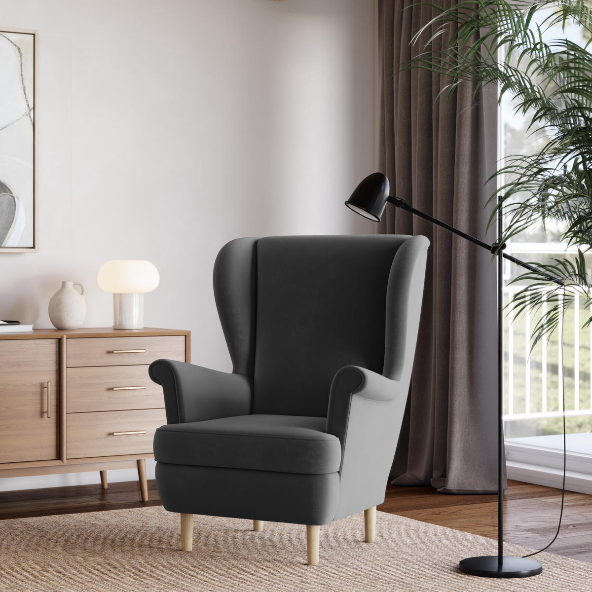 SESSEL LENTIO Ohrensessel Polstersessel, Grau - Grau, Holz/Holzwerkstoff (75/103/75cm) - MASSENO