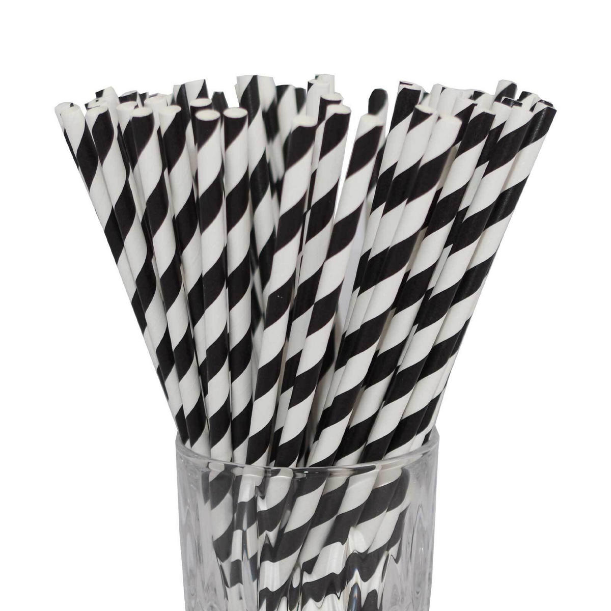 PAPIER-TRINKHALME gestreift Schwarz / Weiß 20 cm 100er Set - Schwarz, Papier (0.6/19.7cm) - LUXENTU