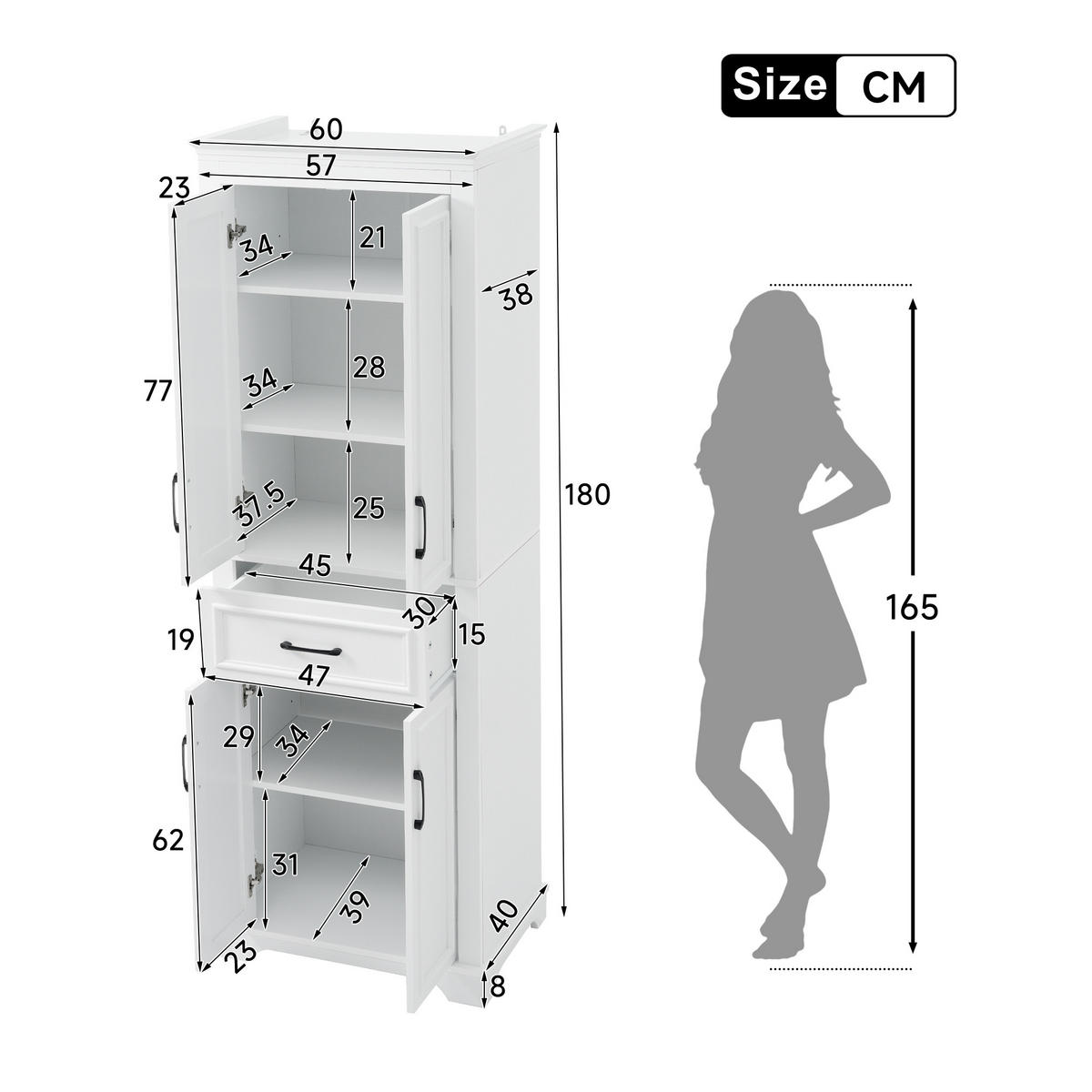 HOCHSCHRANK in Weiß Badezimmerschrank mit Doppeltüren und Schubladen für Badezimmer, B60/T40/H180 cm - Weiß, Holzwerkstoff (57.4/182/37.8cm) - STILVORA