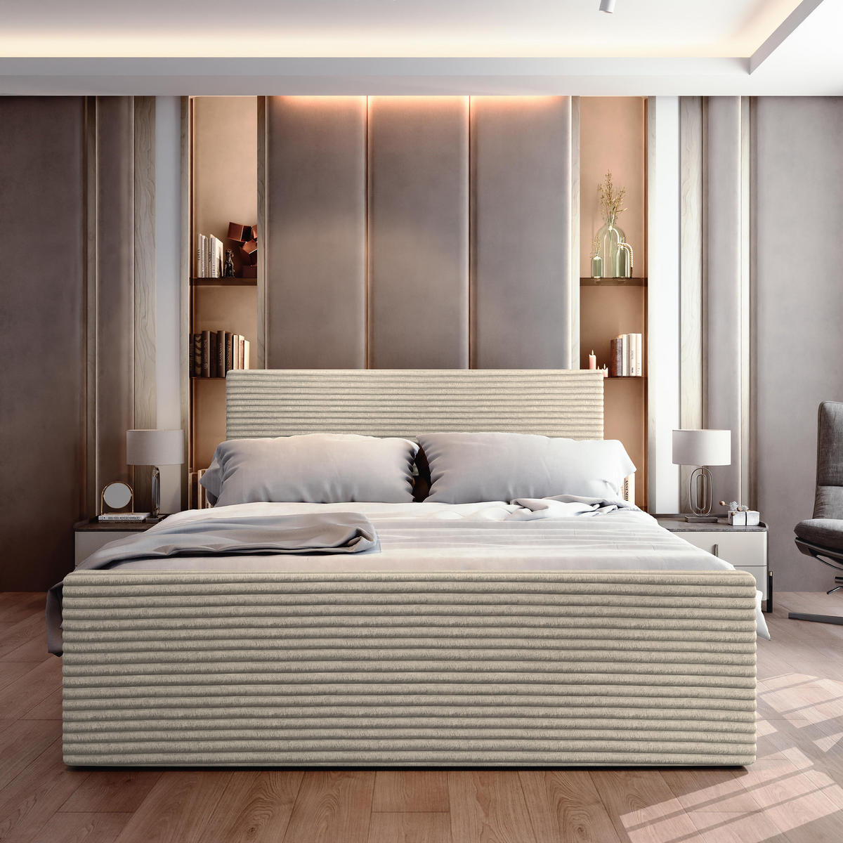 BOXBETT BRENTO 140x200 cm mit Matratze und Topper - Creme - Creme, Holz (140/200cm) - MASSENO