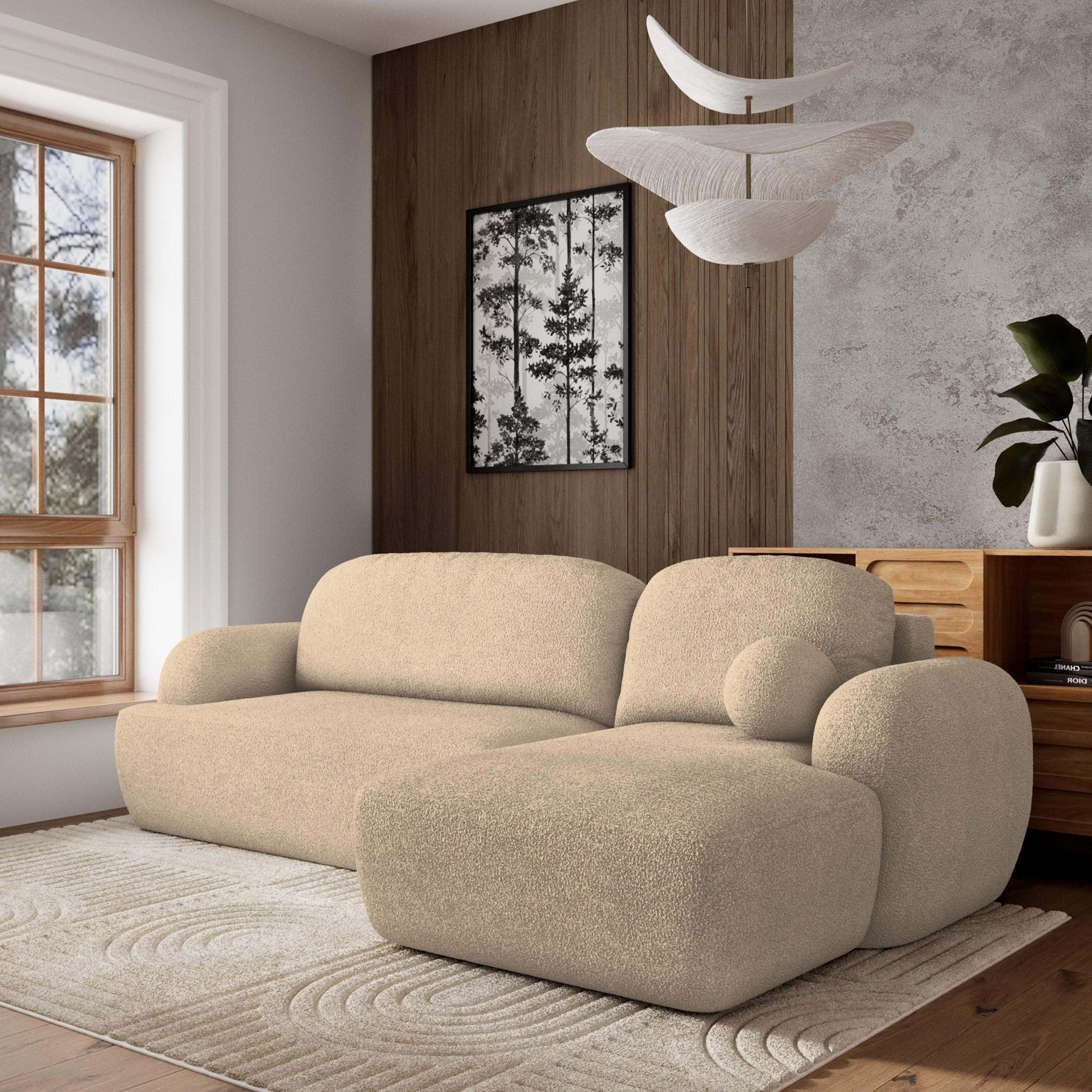 ECKSOFA MODENZA N R-S Creme Boucle-Stoff mit Schlaffunktion - Creme, Holz (266/148cm) - MASSENO