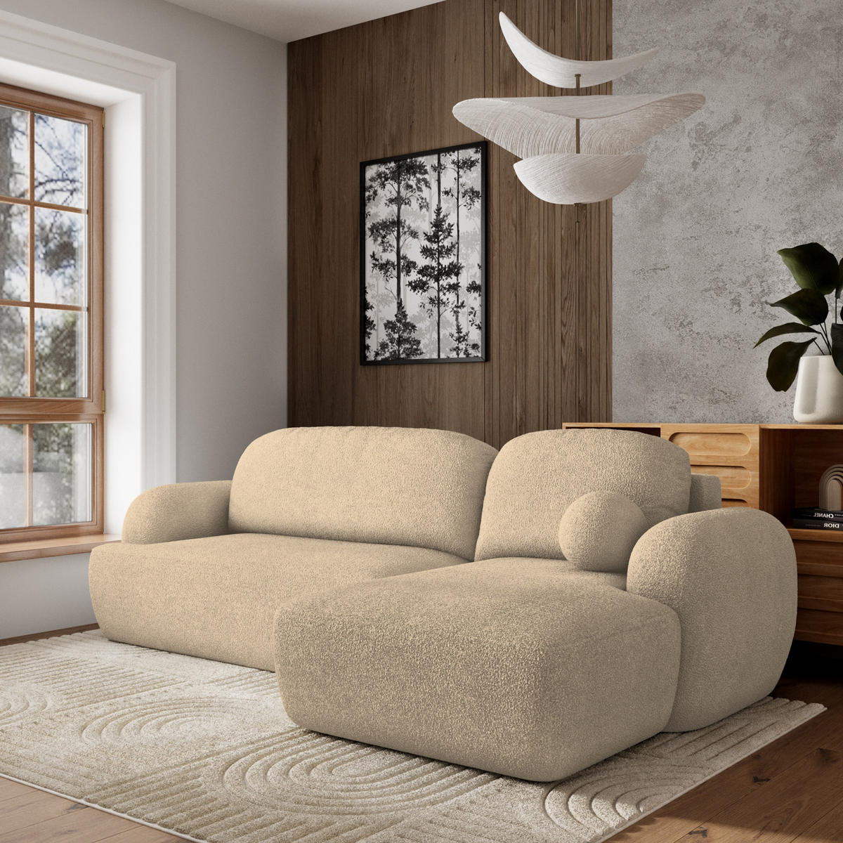 ECKSOFA MODENZA N R-S Creme Boucle-Stoff mit Schlaffunktion - Creme, Holz (266/148cm) - MASSENO