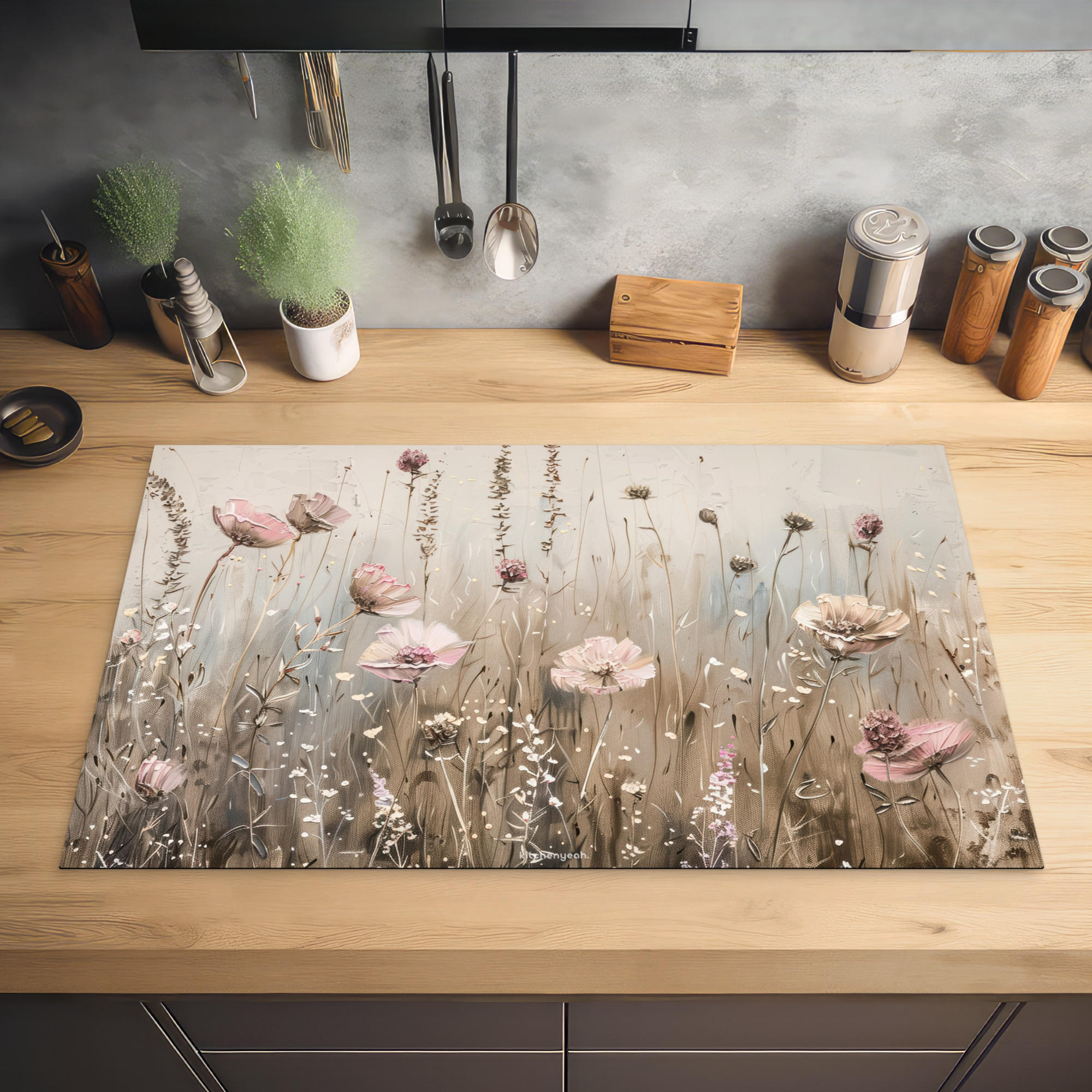 HERDABDECKPLATTE Blumen - Beige - Trockenblumen 85x52 cm - Beige, Kunststoff (85/0.2/52cm) - MuchoWow
