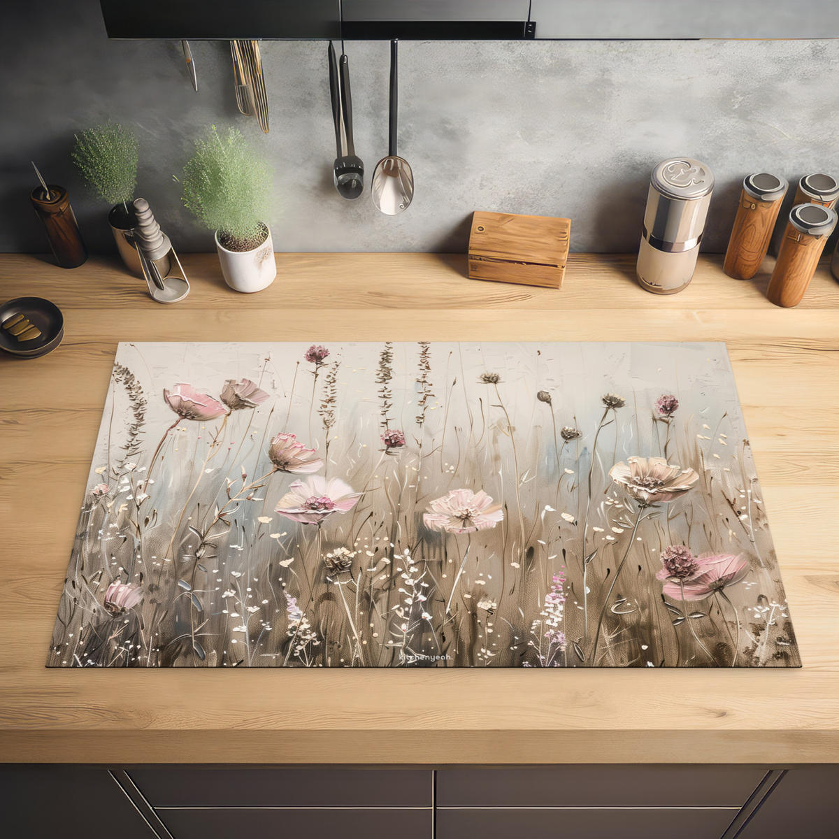 HERDABDECKPLATTE Blumen - Beige - Trockenblumen 85x52 cm - Beige, Kunststoff (85/0.2/52cm) - MuchoWow