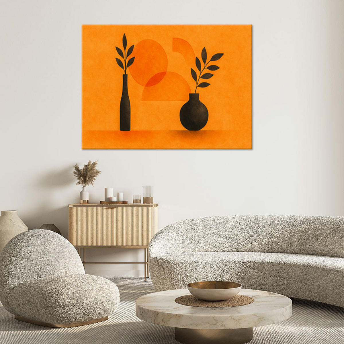 LEINWANDBILD Vasen Blätter Minimalismus 120x80cm - Orange, Textil (120/80cm) - Feeby