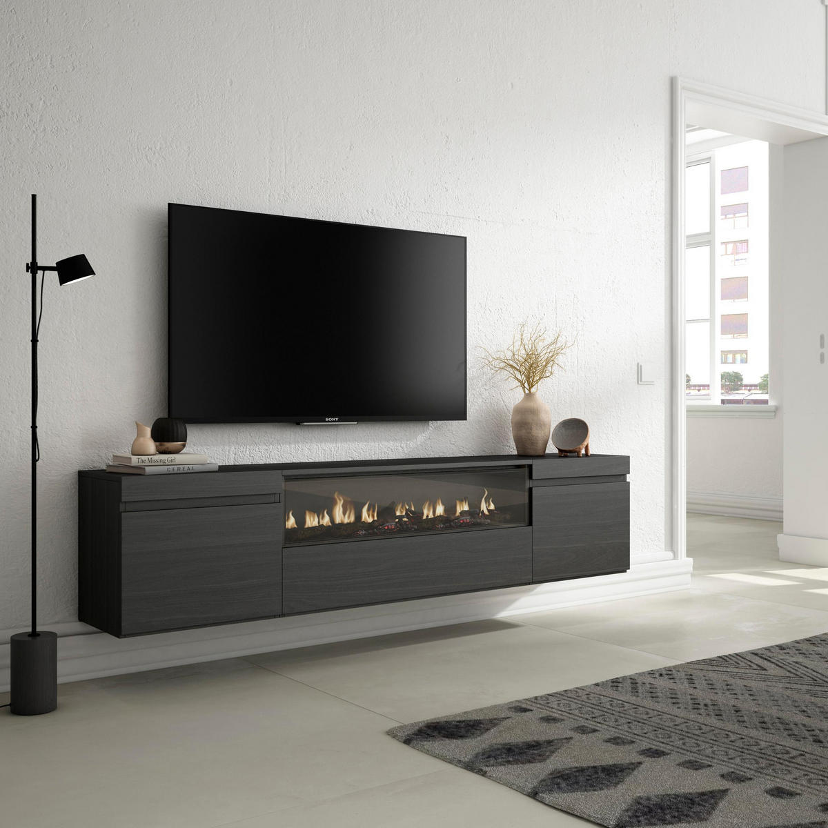 TV-SCHRANK schwarz, mit Elektrokamin, Hängend, 200/35/45cm - Anthrazit, Holzwerkstoff (200/45/35cm) - Skraut Home