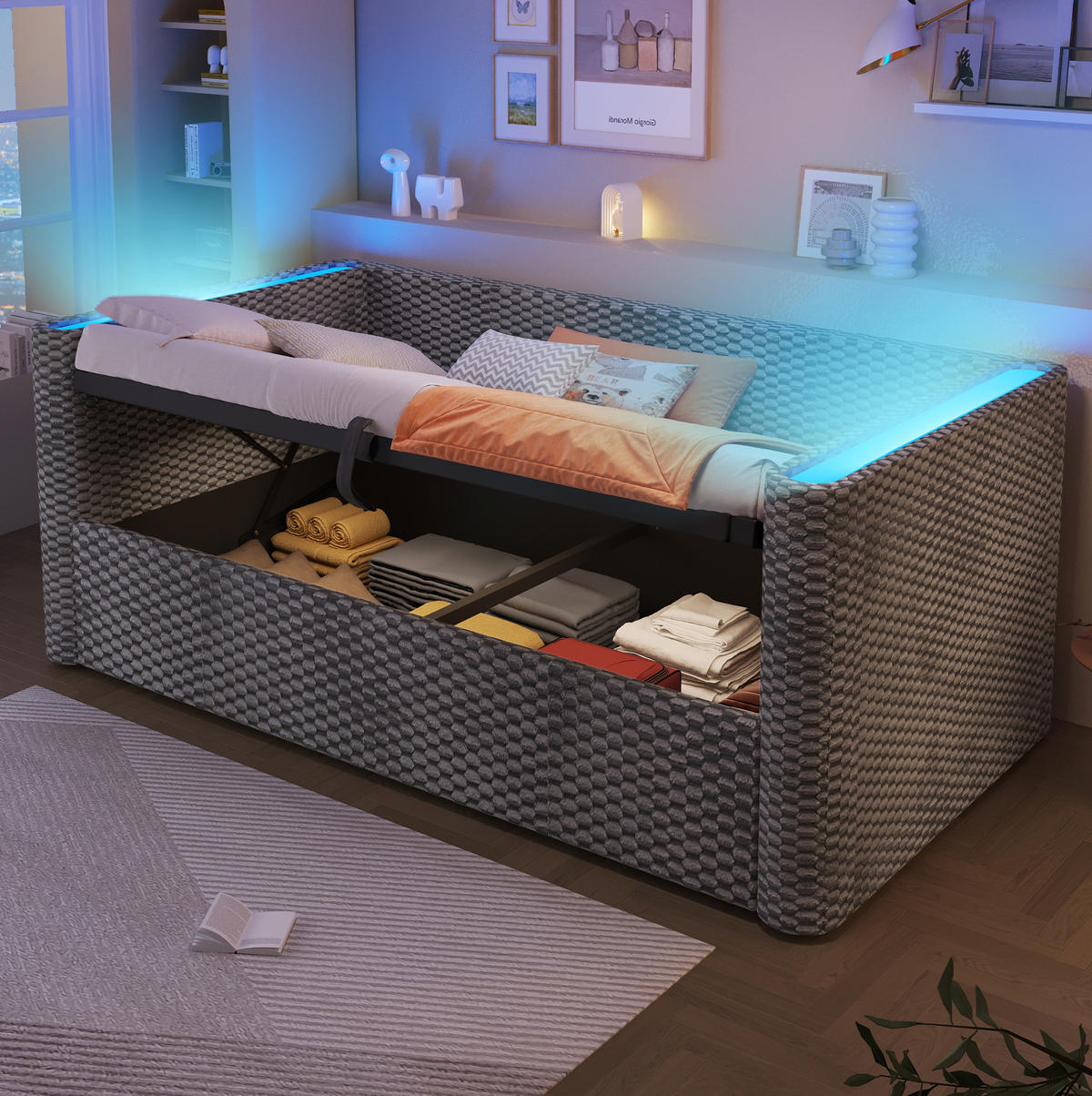 BETT 90/200 cm aus Samt mit Stauraum und LED-Beleuchtung - Grau, Textil (90/200cm) - Flora Grace