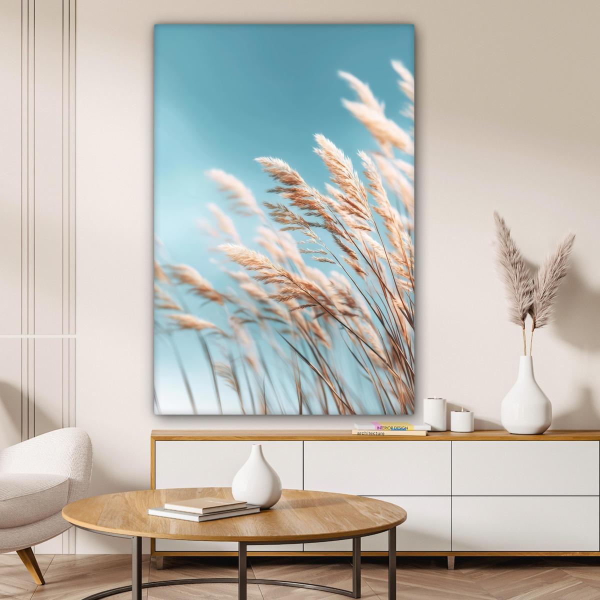 LEINWANDBILD Ziergras - Wind - Hellbraun Deko XXL 80x120 cm - Hellblau, Textil (80/120cm) - MuchoWow