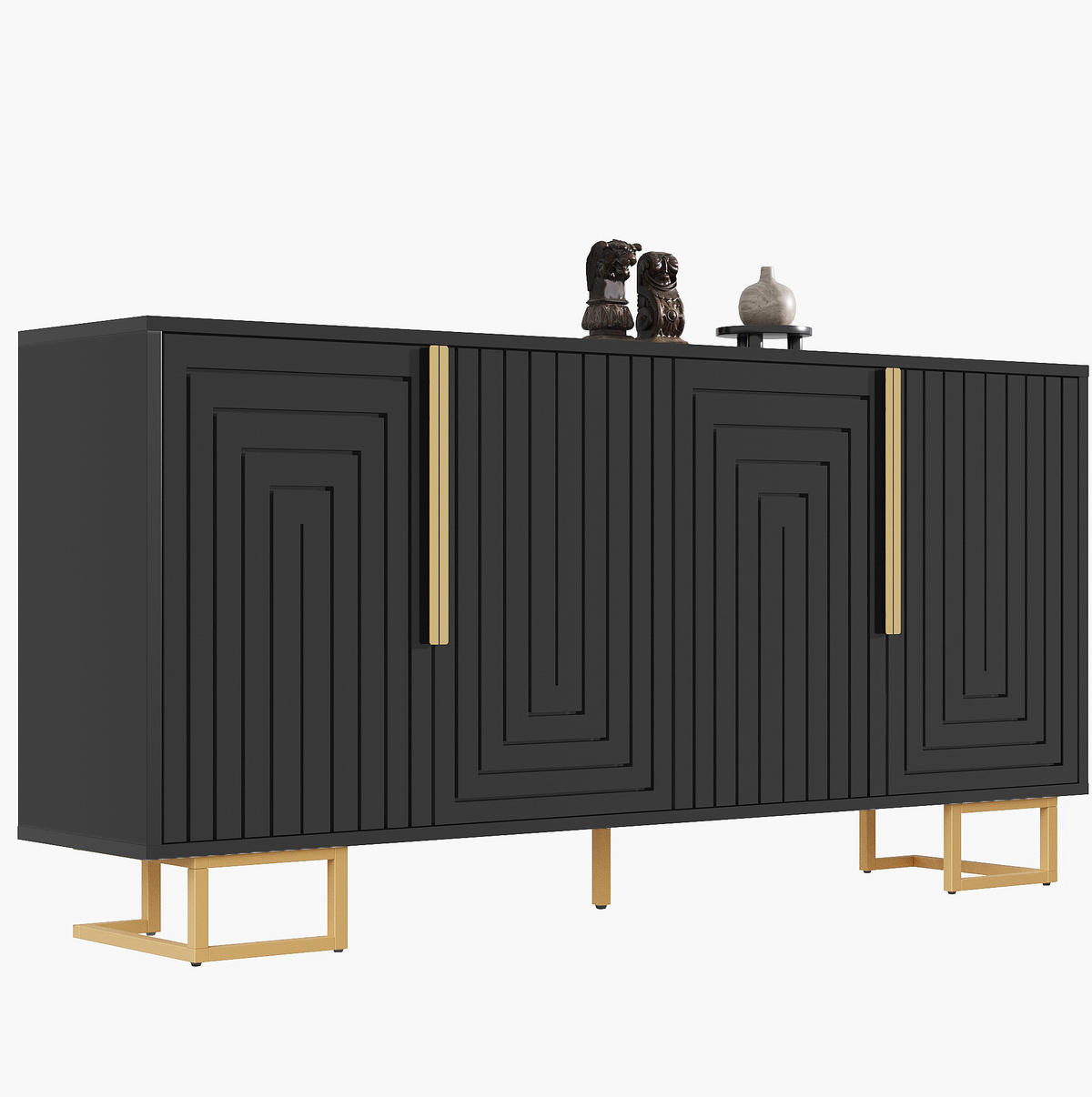 SIDEBOARD aus MDF 152x40x75 cm Schwarz mit 2 Türen, 4 Fächern, geometrischer Front und Kippschutz - Schwarz, Holzwerkstoff (152/75/40cm) - Modfu