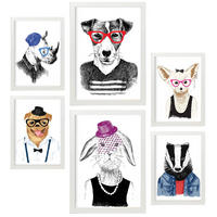 POSTER Set Mit 6 Tiere Größe A3 & A4 Weißer Rahmen - Weiß, Papier (29.7/1cm) - Nacnic