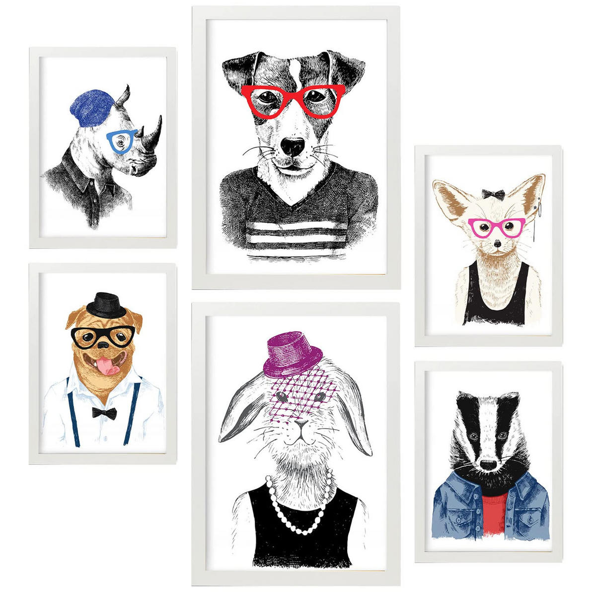 POSTER Set Mit 6 Tiere Größe A3 & A4 Weißer Rahmen - Weiß, Papier (29.7/1cm) - Nacnic