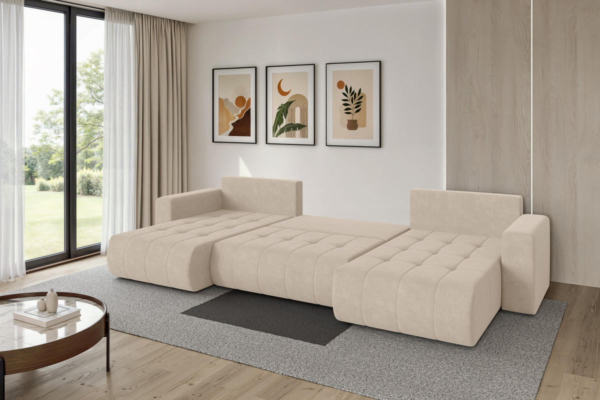 SEDACÍ SOUPRAVA DO U s funkcí spaní a úložným prostorem MILA-U 378x194x86 béžová velur - černá/Sahara, kompozitní dřevo/textil (378/86/194cm) - ALTDECOR