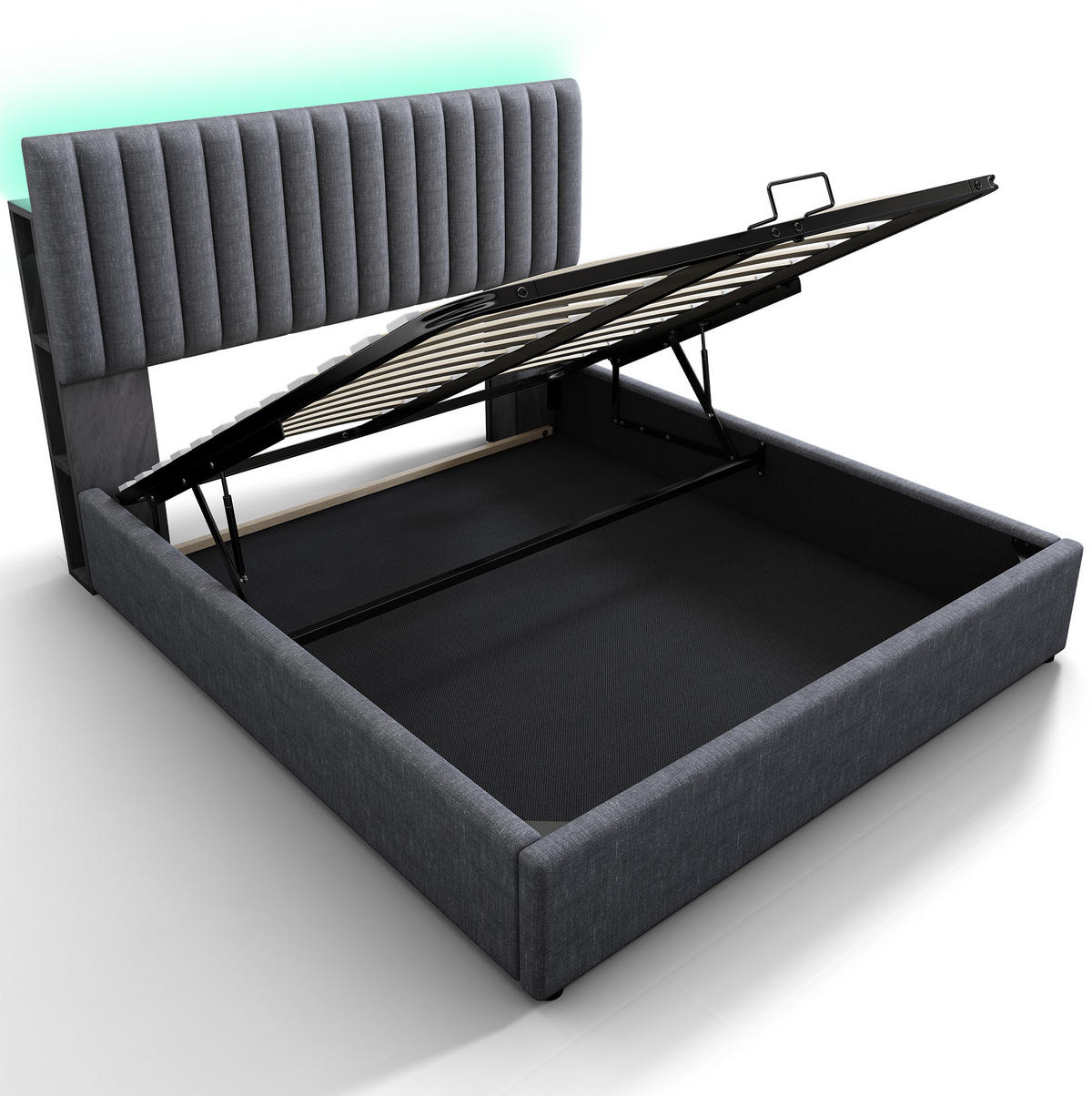 POLSTERBETT aus Leinen 140x200 cm Grau mit Stauraum, LED-Kopfteil und USB-C-Anschluss - Grau, Textil (140/200cm) - IVMEU