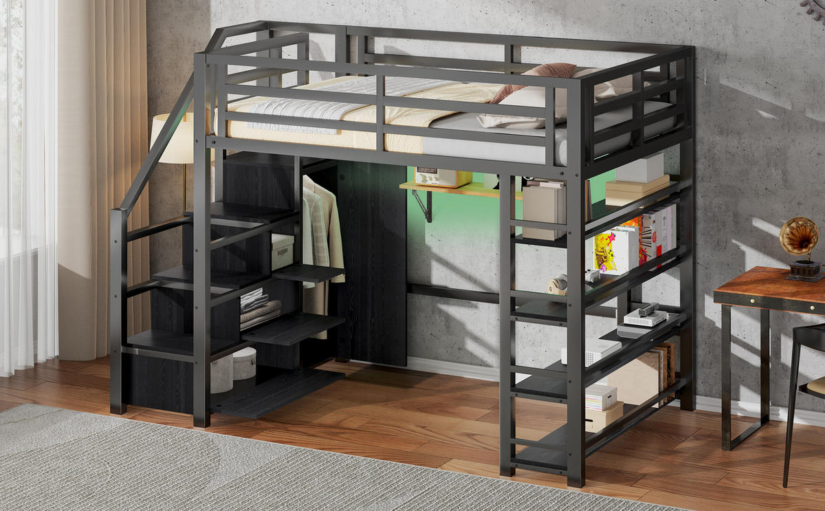HOCHBETT 140x200 cm mit vierstufigem Regal, Kleiderschrank und Stauraumtreppe, LED-Beleuchtung, schwarz - Schwarz, Holzwerkstoff (140/200cm)