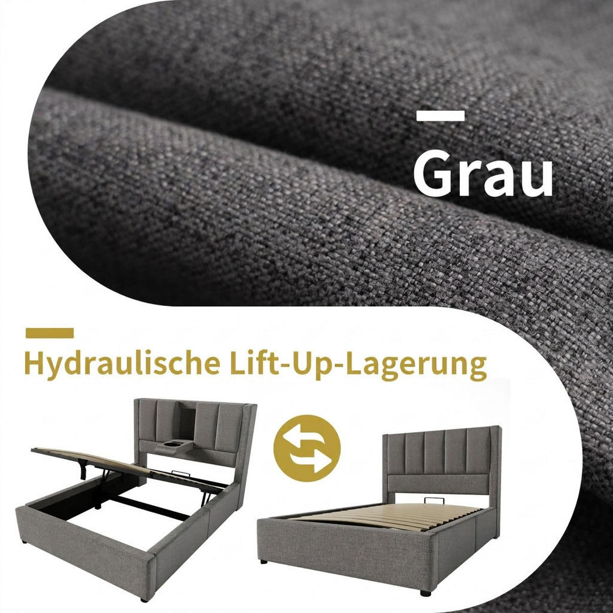 POLSTERBETT 90/200 cm Grau mit verstecktem Becherhalter und Ladestation (Ohne Matratze) - Grau, Textil (90/200cm) - Oxeza