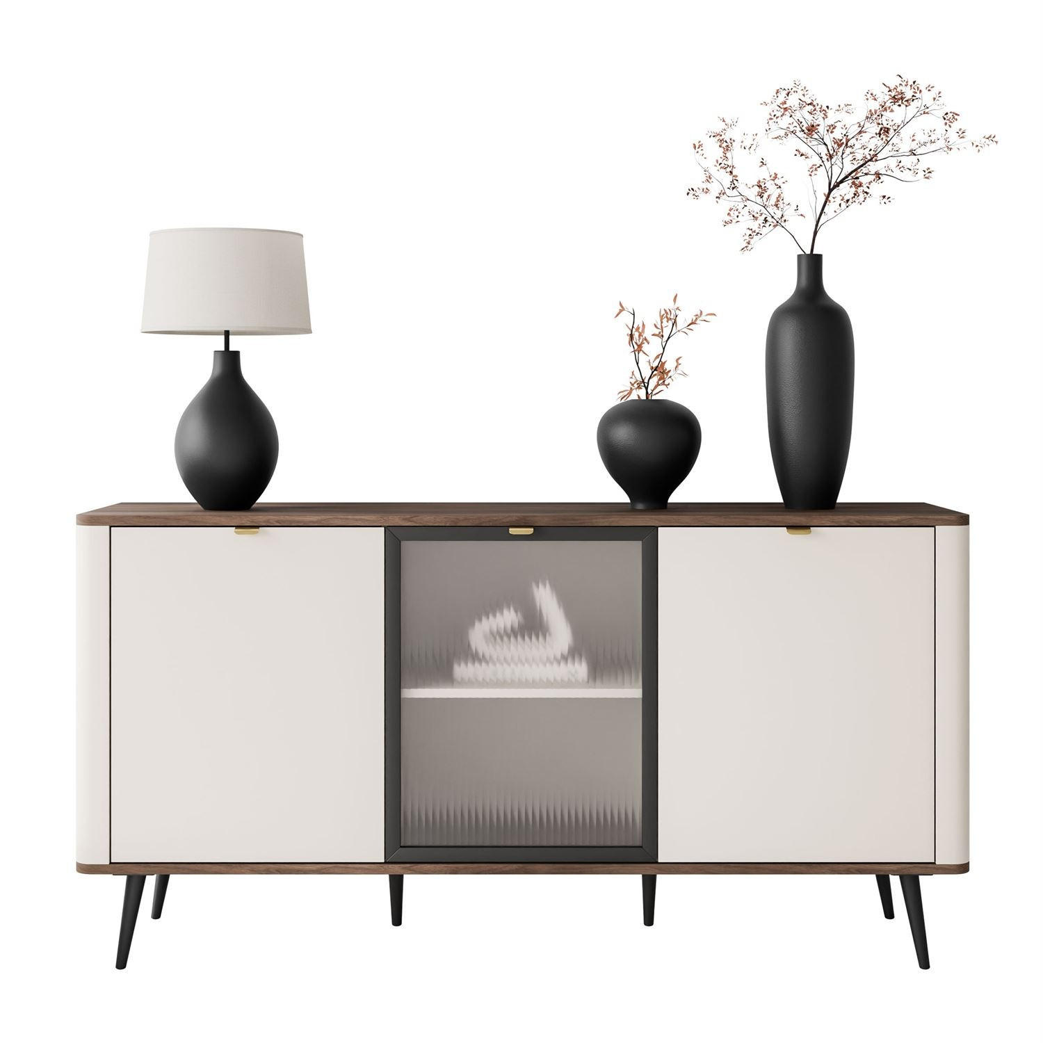 KOMMODE auf Füßen AUTUMN 2D1W mit Glasfront, Kaschmir / Nussbaum - Beige, Holzwerkstoff (160/82/40cm) - Lookway