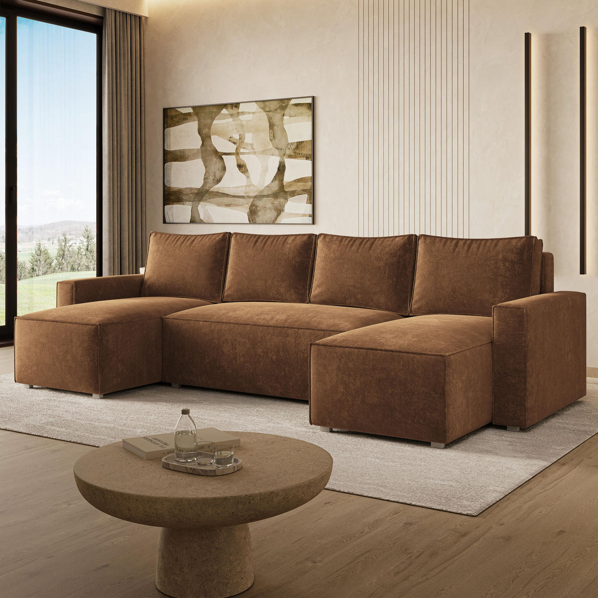 WOHNLANDSCHAFT ASPRA LM Braun Chenille mit Schlaffunktion - Braun, Holz (295/85/140cm) - MASSENO