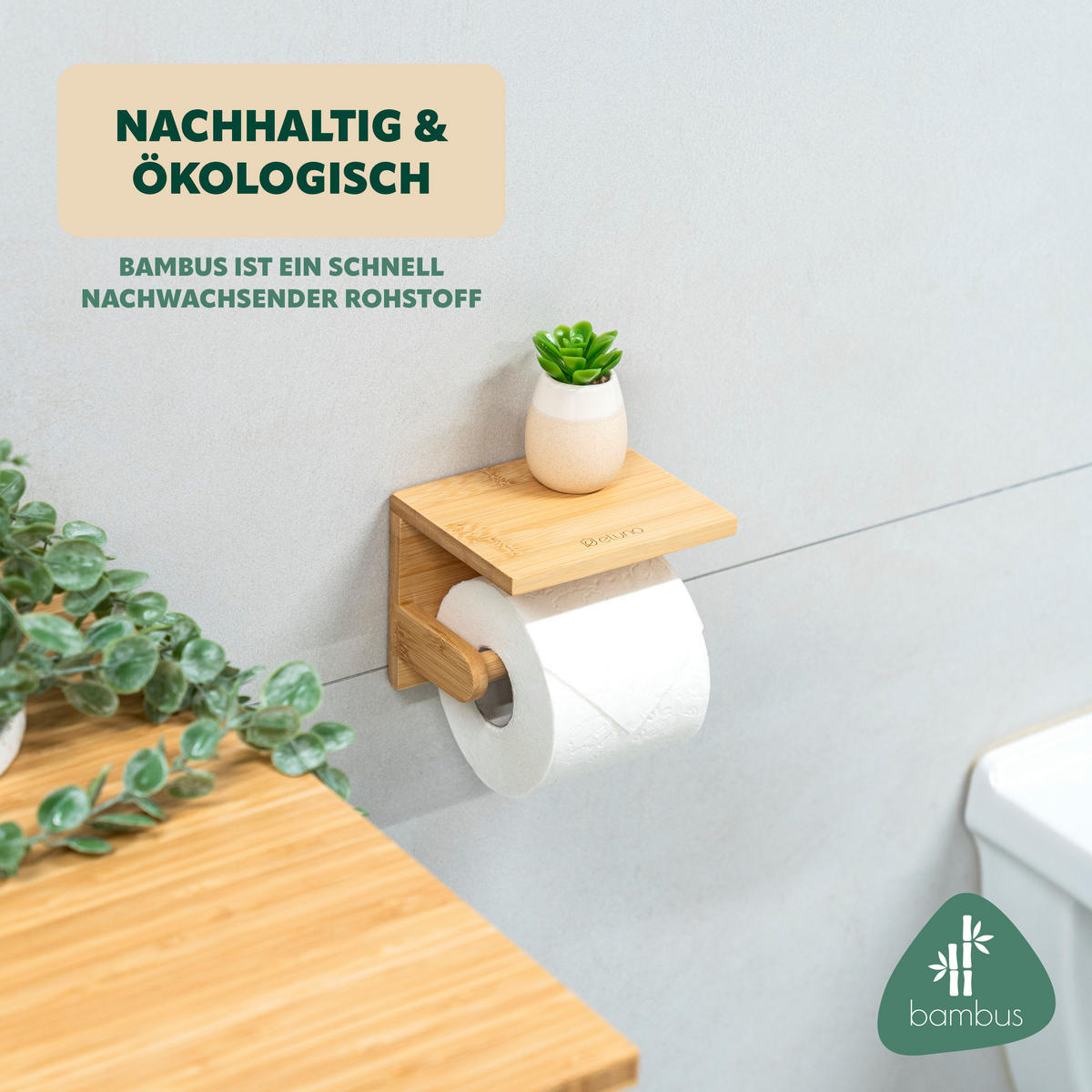 TOILETTENPAPIERHALTER, Bambus, zum Kleben - Braun, Holz (20/4/11.5cm) - eluno