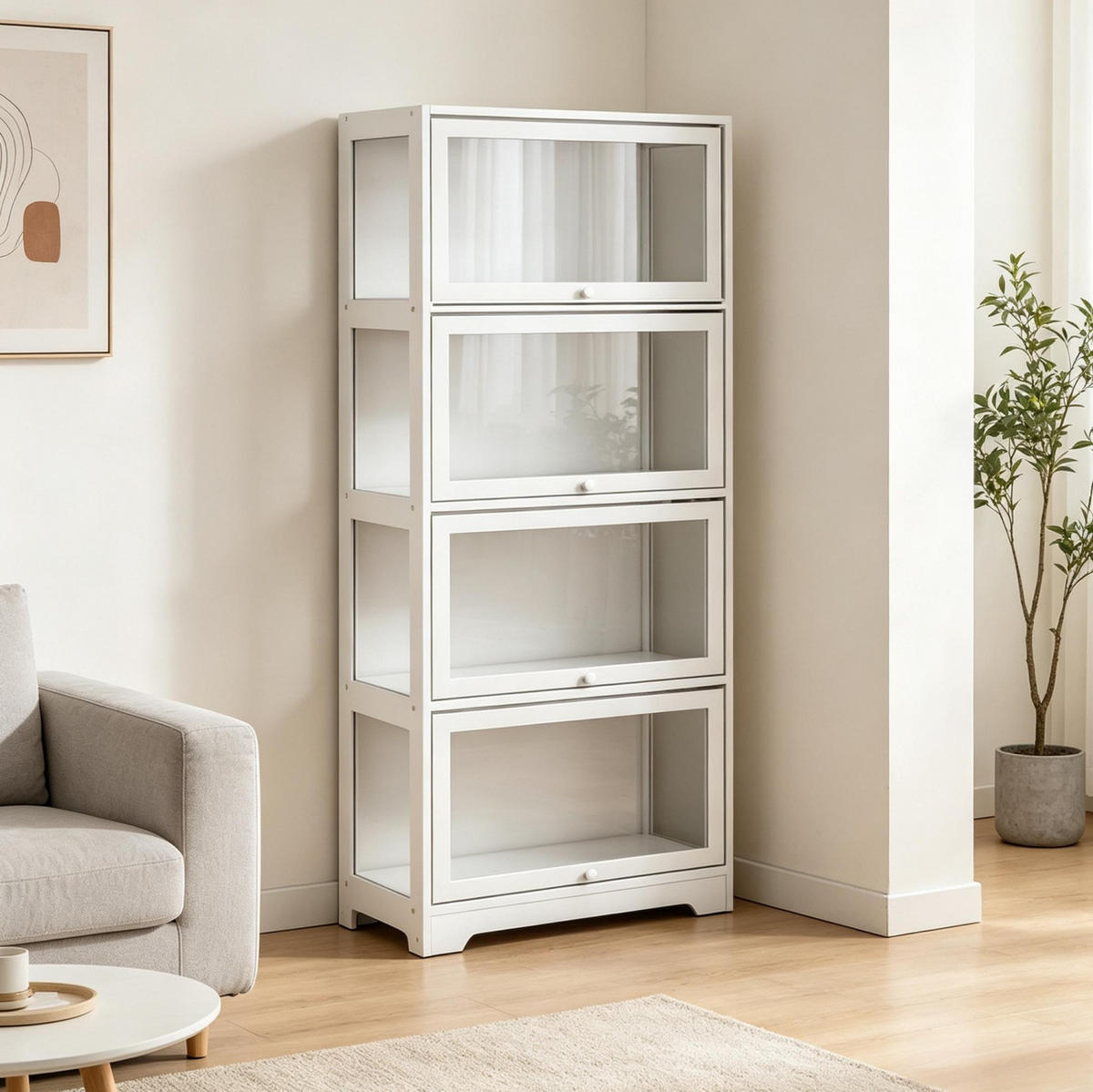 VITRINENSCHRANK in Weiß 59x30x139 cm mit 4 Fächern und Schiebetüren - Weiß, Holzwerkstoff (30/139/59cm) - IVMEU