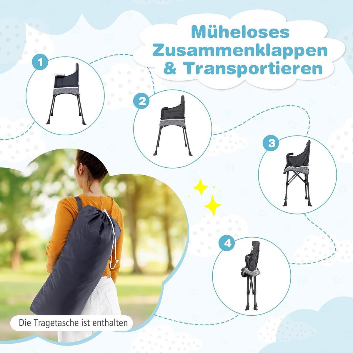 BABYHOCHSTUHL mit Tragetasche grau - Grau, Textil (58/96/57cm) - COSTWAY