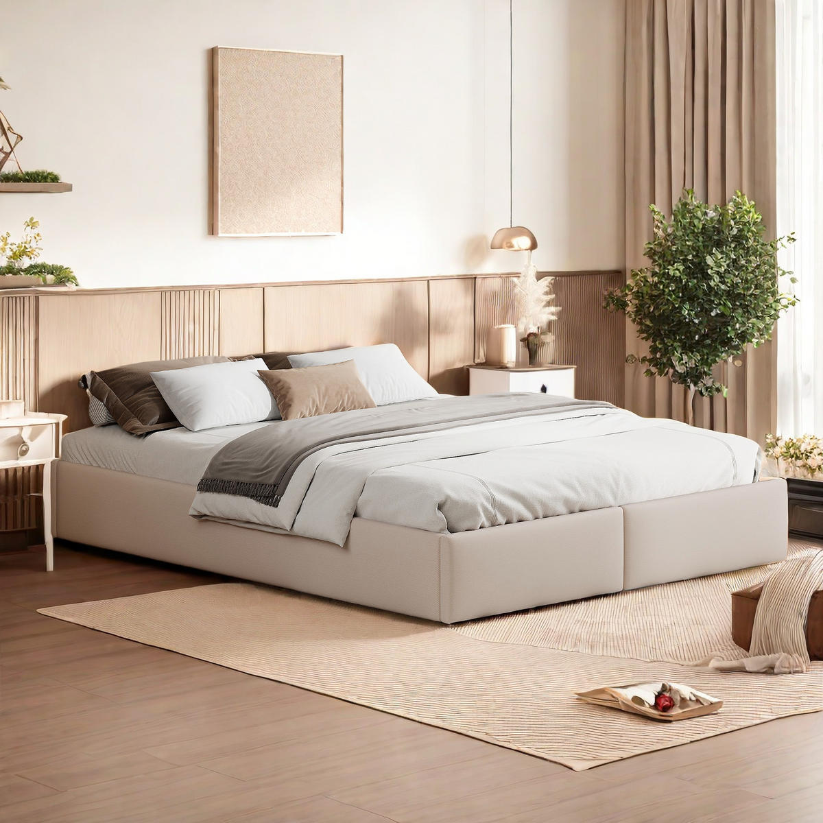 PLATTFORMBETT 140x200 Beige 2 Schubladen stabil - Beige, Metall (140/200cm) - SHOPENTRA