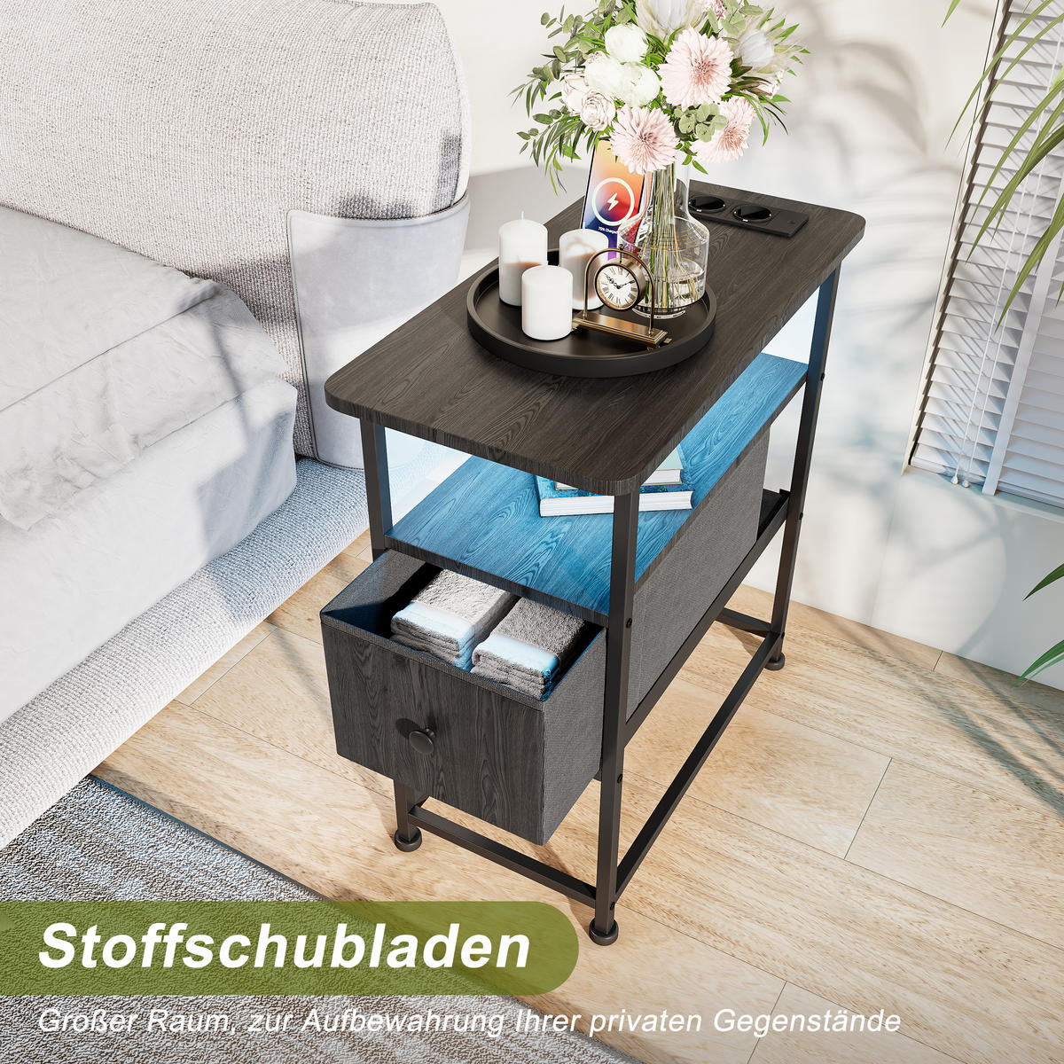 NATTDUKSBORD Svart LED USB 1 Låda - Svart, Metall (30/62/60cm) - SHOPENTRA