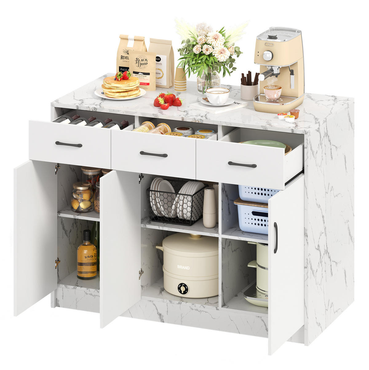 KÜCHENINSEL mit Barbereich 120 x 60 x 90,5 cm Weiß Marmoroptik - Weiß, Holz (60/90.5/120cm) - Beauniv