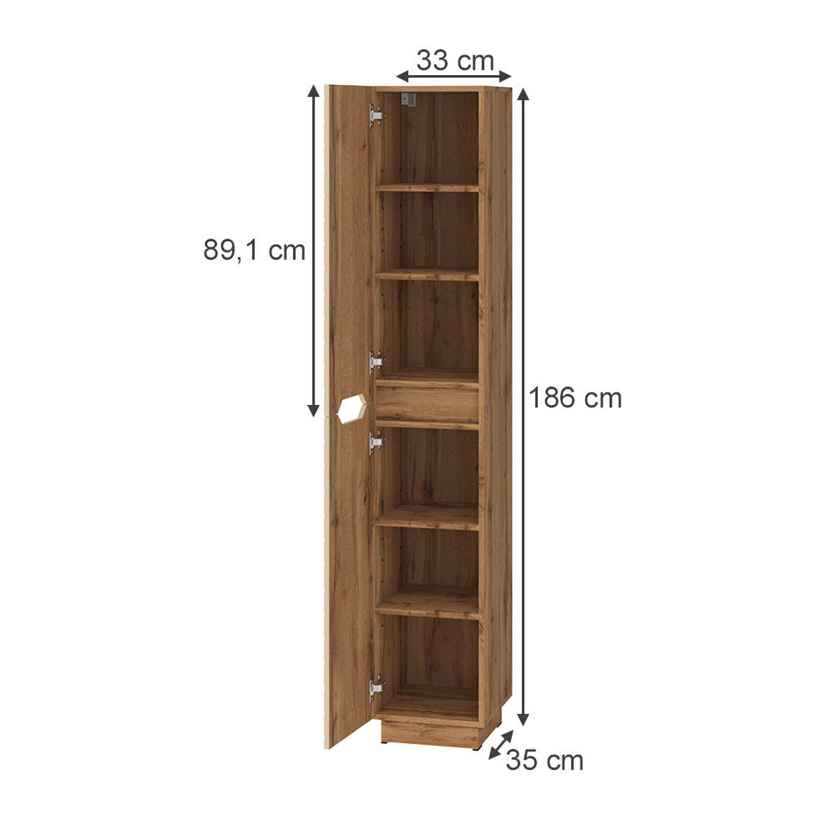 BADSCHRANK Lotta Eiche/Kaschmir mit Kachelstruktur 33 x 186 cm mit 2 Türen - Kaschmir/Eichefarben, Holzwerkstoff (33/186/35cm) - Vicco