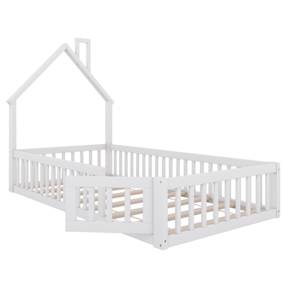 HAUSBETT Schornsteinform 90/200 cm, Weiß mit Sicherheitsgitter ohne Matratze - Weiß, Holz (90/200cm) - MIVRAY